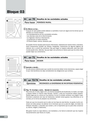 Bloque 03
B3

1

SEP

70

Para hacer

Desafíos de las sociedades actuales
Periódico mural

1 En México se han...
El grupo de sexto grado puede elaborar un periódico mural con alguno de los temas que se
abordan en el tercer bloque:
· La interdependencia de las sociedades actuales.
· Las diversas caras de la discriminación.
· La migración interna e internacional.
· La protección al medio ambiente.
· El Premio Nobel: ciencia, literatura, paz.
Se pueden formar equipos para buscar información, redactarla de manera breve y llamativa,
hacer ilustraciones (pueden ser dibujos, fotografías, impresiones de algunas páginas de
internet, etc.) y armar las cartulinas. Hay que elegir un espacio adecuado, para que todo
mundo pueda verlo. Además, hay que dejar una cartulina en blanco para que los otros niños
puedan dejar sus comentarios.

B3
1

SEP

71

Para hacer

Desafíos de las sociedades actuales
Decidir

Es sólo lectura reflexiva para que cuando los alumnos deban tomar decisiones, sepan elegir
la que más beneficios les deje considerando las obligaciones que conlleva.

B3 SEP
1

2
3
4

72-74

Ejercicios

Desafíos de las sociedades actuales
Reconozco la diversidad de mi entidad federativa

1 Pág. 72. Investiga y anota… Ejemplo de respuesta.
Muy cerca de mi casa, llegó a vivir una familia procedente de Guatemala; la madre, sus hijas
y esposo hablan un idioma maya llamado “quiché” y sólo las muchachas hablan español.
Desde luego que su cultura es muy distinta a la de mi entidad: profesan una religión maya,
fomentan y practican otro tipo de tradiciones; también tienen gustos muy diferentes en la
comida y en la forma de preparar sus alimentos.
Cada vez que me encuentro por la calle con las hijas de esta familia, me gusta mucho conversar con ellas porque me platican de lo hermoso que es su país de origen, de todas las
bellezas naturales y culturales que existen y de lo importante que es para ellas conservar
su idioma, religión y tradiciones.
Me gusta mucho su ropa (blanca y con bordados) y me llama la atención que las mujeres
frecuentemente usan flores en el pelo.

368

www.montenegroeditores.com.mx lada sin costo 01 800 277 36 36

1 Aprender a decidir...

 