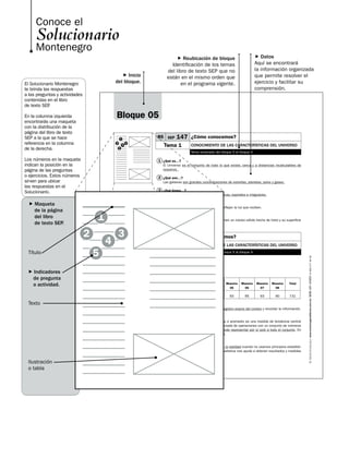 Conoce el

Solucionario
Montenegro

 Inicio
del bloque.

El Solucionario Montenegro
te brinda las respuestas
a las preguntas y actividades
contenidas en el libro
de texto SEP
.

Bloque 05

En la columna izquierda
encontrarás una maqueta
con la distribución de la
página del libro de texto
SEP a la que se hace
referencia en la columna
de la derecha.

B5 SEP

1
2
5

4

3

147 ¿Cómo conocemos?

Tema 1

CONOCIMIENTO DE LAS CARACTERÍSTICAS DEL UNIVERSO
Tema reubicado del bloque 5 al bloque 4

Los números en la maqueta
indican la posición en la
página de las preguntas
o ejercicios. Estos números
sirven para ubicar
las respuestas en el
Solucionario.

1 ¿Qué es…?
El Universo es el conjunto de todo lo que existe, cerca y a distancias incalculables de
nosotros.

2 ¿Qué son…?
Las galaxias son grandes concentraciones de estrellas, planetas, polvo y gases.

3 ¿Qué forma…?
Las galaxias pueden ser de formas elípticas, espirales e irregulares.

 Maqueta
	 de la página
	 del libro
	 de texto SEP.

4 ¿Los planetas…?

No, los planetas no tienen luz propia y reflejan la luz que reciben.

1

La forma de los cometas es irregular, tienen un núcleo sólido hecho de hielo y su superficie
se compone de gases y polvo.

4

3

B5 SEP

151 ¿Cómo conocemos?

Tema 1

CONOCIMIENTO DE LAS CARACTERÍSTICAS DEL UNIVERSO
Tema reubicado del bloque 5 al bloque 4

1

 Indicadores
	 de pregunta
	 o actividad.

3

2

4
5

EL CONTADOR DE ESTRELLAS
Observa, analiza y comunica
Ejemplo:
Muestra
01

Cambia al bloque 4

Texto

Muestra
02

Muestra
03

Muestra
04

Muestra
05

Muestra
06

Muestra
07

Muestra
08

Total

89

92

90

89

93

95

93

90

731

1 ¿Para qué…?
Las tablas de datos ayudan a tener un registro exacto del conteo y recordar la información.

2 ¿Por qué es…?
En matemáticas y estadística una media o promedio es una medida de tendencia central
que resulta al efectuar una serie determinada de operaciones con un conjunto de números
y que, en determinadas condiciones, puede representar por sí solo a todo el conjunto. En
este caso el promedio es igual a 91.375.

3 ¿Qué sucede con…?
El resultado puede estar más alejado de la realidad cuando no usamos principios estadísticos como el promedio o la media; la estadística nos ayuda a obtener resultados y medidas
más exactas.

llustración
o tabla

264

lada sin costo 01 800 277 36 36

5

5 ¿De qué están…?

www.montenegroeditores.com.mx

2
Título

 Datos
Aquí se encontrará
la información organizada
que permite resolver el
ejercicio y facilitar su
comprensión.

 Reubicación de bloque
Identificación de los temas
del libro de texto SEP que no
están en el mismo orden que
en el programa vigente.

 