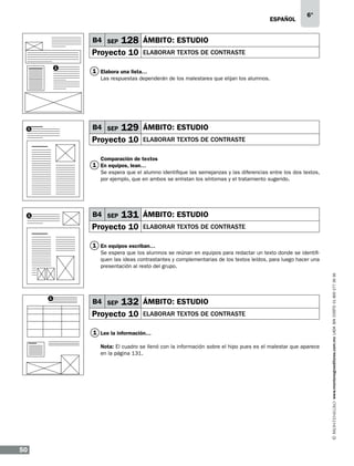 eSPAÑOL

B4 SEP

128 ÁMBITO: ESTUDIO

Proyecto 10
1

6°

elaborar textos de contraste

1 Elabora una lista…
Las respuestas dependerán de los malestares que elijan los alumnos.

B4 SEP

1

129 ÁMBITO: ESTUDIO

Proyecto 10

elaborar textos de contraste

Comparación de textos

1 En equipos, lean…

Se espera que el alumno identifique las semejanzas y las diferencias entre los dos textos,
por ejemplo, que en ambos se enlistan los síntomas y el tratamiento sugerido.

B4 SEP

1

131 ÁMBITO: ESTUDIO

Proyecto 10

elaborar textos de contraste

1 En equipos escriban…

1

B4 SEP

132 ÁMBITO: ESTUDIO

Proyecto 10

elaborar textos de contraste

1 Lee la información…
Nota: El cuadro se llenó con la información sobre el hipo pues es el malestar que aparece
en la página 131.

50

www.montenegroeditores.com.mx lada sin costo 01 800 277 36 36

Se espera que los alumnos se reúnan en equipos para redactar un texto donde se identifiquen las ideas contrastantes y complementarias de los textos leídos, para luego hacer una
presentación al resto del grupo.

 