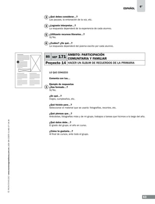 ESPAÑOL

6°

3 ¿Qué debes considerar…?

Las pausas, la entonación de la voz, etc.

4 ¿Lograste interpretar…?

La respuesta dependerá de la experiencia de cada alumno.

5 ¿Utilizaste recursos literarios…?
Sí/No.

6 ¿Cuáles? ¿De qué…?

La respuesta dependerá del poema escrito por cada alumno.

B5 SEP
1

171

Proyecto 14

ÁMBITO: PARTICIPACIÓN
COMUNITARIA Y FAMILIAR
HACER UN ÁLBUM DE RECUERDOS DE LA PRIMARIA

Lo que conozco
Comenta con tus…
Ejemplo de respuestas

1 ¿Has formado…?
Sí/No.

¿En qué…?
Viajes, cumpleaños, etc.
¿Qué hiciste para…?
Seleccionar el material que se usaría: fotografías, recortes, etc.

www.montenegroeditores.com.mx lada sin costo 01 800 277 36 36

¿Qué piensas que…?
Anécdotas, fotografías mías y de mi grupo, trabajos o tareas que hicimos a lo largo del año.
¿Qué datos debe…?
El grado del grupo, el año en curso.
¿Cómo te gustaría…?
Al final de cursos, ante todo el grupo.

63

 