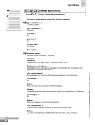 matemáticas
1

2

B1

SEP

6°

23 Clasifica cuadriláteros.

Lección 5

Clasifiquemos cuadriláteros

Con base en la tabla anterior contestar las siguientes preguntas.

1 ¿Qué cuadriláteros...?
Cuadrado y rombo.
¿Qué cuadriláteros...?
Trapecios.
¿Los lados...?
No.
¿Los lados...?
Sí.
¿Cuántos pares...?
Dos pares.
2. En equipos...

2 Escriban el nombre...
Cuadrado, rombo, rectángulos y romboide.
Comparen...
Escriban las...
Paralelogramo con 4 lados iguales y 4 ángulos iguales y rectos.

¿Que características...?
Son paralelogramos, tienen sus 4 lados iguales y diagonales perpendiculares.
¿Un cuadrado...?
No.
Explica...
Porque el rombo tiene diagonales de diferente longitud.
Escriban...
Paralelogramo con 4 ángulos rectos, sus lados paralelos son iguales y tienen 2 diagonales.
¿Un rectángulo...?
No.
Explica...
Porque el rectángulo no tiene sus 4 lados iguales.
¿Qué características...?
La medida de sus ángulos, el número de sus vértices y de sus lados.
Explica...
Los 2 son paralelogramos, además de tener ángulos rectos y lados paralelos.

Fuera del programa

84

www.montenegroeditores.com.mx lada sin costo 01 800 277 36 36

Escriban las características...
Paralelogramo con 4 lados iguales, los ángulos interiores opuestos son iguales y sus
diagonales son perpendiculares entre sí.

 