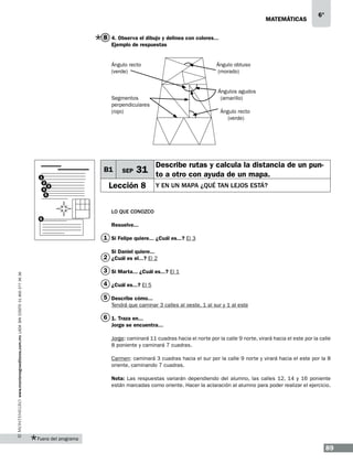 matemáticas

6°

8 4. Observa el dibujo y delinea con colores...
Ejemplo de respuestas

Ángulo recto
(verde)

Ángulo obtuso
(morado)

Ángulos agudos
(amarillo)

Segmentos
perpendiculares
(rojo)

B1
1
2
4
5

3

SEP

Ángulo recto
(verde)

Describe rutas y calcula la distancia de un pun-

31 to a otro con ayuda de un mapa.

Lección 8

y en un mapa ¿qué tan lejos está?

Lo que conozco
6

Resuelve...

1 Si Felipe quiere... ¿Cuál es...? El 3
Si Daniel quiere...

2 ¿Cuál es el...? El 2
www.montenegroeditores.com.mx lada sin costo 01 800 277 36 36

3 Si Marta... ¿Cuál es...? El 1
4 ¿Cuál es...? El 5
5 Describe cómo...
Tendrá que caminar 3 calles al oeste, 1 al sur y 1 al este

6 1. Traza en...
Jorge se encuentra...
Jorge: caminará 11 cuadras hacia el norte por la calle 9 norte, virará hacia el este por la calle
8 poniente y caminará 7 cuadras.
Carmen: caminará 3 cuadras hacia el sur por la calle 9 norte y virará hacia el este por la 8
oriente, caminando 7 cuadras.
Nota: Las respuestas variarán dependiendo del alumno, las calles 12, 14 y 16 poniente
están marcadas como oriente. Hacer la aclaración al alumno para poder realizar el ejercicio.

Fuera del programa

89

 
