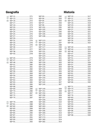 SEP
SEP
SEP
SEP
SEP
SEP
SEP
SEP
SEP
SEP

79.............................288
81.............................288
82.............................289
83.............................289
84.............................289
85.............................290
87.............................291
89.............................291
90.............................292
91.............................292

B 04

SEP
SEP
SEP
SEP
SEP
SEP
SEP
SEP
SEP
SEP
SEP
SEP
SEP
SEP
SEP
SEP
SEP
SEP
SEP
SEP
SEP

113...........................297
114...........................297
116...........................298
117...........................299
119...........................299
121...........................300
122...........................301
123...........................301
124...........................301
127...........................302
129...........................302
130...........................303
133...........................304
134...........................305
135...........................305
137...........................306
139...........................306
140...........................306
141...........................307
142...........................307
144...........................307

SEP
SEP
SEP
SEP
SEP
SEP
SEP
SEP
SEP
SEP
SEP
SEP
SEP
SEP
SEP
SEP

149...........................308
151...........................308
154...........................309
156...........................309
157...........................309
159...........................310
160...........................310
161...........................311
163...........................311
165...........................312
166...........................312
169...........................313
171...........................313
173...........................314
180...........................314
182...........................314

B 01

45.............................279
47.............................279
48.............................280
51.............................280
53.............................281
55.............................282
56.............................282
57.............................283
59.............................283
61.............................284
62.............................284
63.............................285
65.............................285
68.............................286
69.............................286
70.............................286
71.............................287
72.............................287
74.............................287

93.............................292
94.............................293
95.............................293
97.............................294
99.............................294
101...........................295
102...........................295
104...........................295
106...........................296
108...........................296

SEP
SEP
SEP
SEP
SEP
SEP
SEP
SEP
SEP
SEP
SEP
SEP
SEP

10.............................317
11.............................317
15.............................318
19.............................319
23.............................320
25.............................320
27.............................320
29.............................321
30.............................321
32.............................321
34.............................322
35.............................322
36.............................322

B 02

SEP
SEP
SEP
SEP
SEP
SEP
SEP
SEP
SEP
SEP
SEP
SEP
SEP
SEP
SEP
SEP
SEP
SEP
SEP

SEP
SEP
SEP
SEP
SEP
SEP
SEP
SEP
SEP
SEP

B 05

SEP 11.............................271
SEP 13.............................271
SEP 16.............................272
SEP 17.............................272
SEP 19.............................273
SEP 20.............................273
SEP 22.............................274
SEP 24.............................274
SEP 25.............................275
SEP 27.............................275
SEP 29.............................275
SEP 31.............................276
SEP 33.............................276
SEP 35.............................276
SEP 36.............................277
SEP 37.............................277
SEP 38.............................278
SEP 40.............................278

Historia

SEP
SEP
SEP
SEP
SEP
SEP
SEP
SEP
SEP
SEP
SEP
SEP
SEP
SEP
SEP
SEP
SEP

40.............................323
44.............................324
46.............................324
47.............................325
50.............................326
51.............................327
53.............................327
54.............................328
57.............................328
58.............................329
59.............................329
60.............................330
61.............................330
63.............................331
64.............................331
65.............................332
66.............................332

B 03

B 03

B 02

B 01

Geografía

SEP 71.............................333
SEP 74.............................334
SEP 75.............................334
SEP 77.............................335
SEP 79.............................335
SEP 83.............................335
SEP 86.............................336
SEP 92.............................337
SEP 93.............................337
SEP 94.............................338
SEP 95.............................339
SEP 96.............................339
SEP 97.............................339
SEP 98.............................340

 