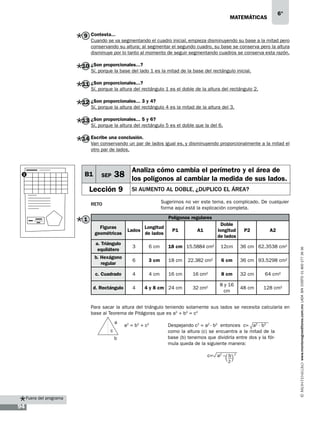 6°

matemáticas

9 Contesta...

Cuando se va segmentando el cuadro inicial, empieza disminuyendo su base a la mitad pero
conservando su altura; al segmentar el segundo cuadro, su base se conserva pero la altura
disminuye por lo tanto al momento de seguir segmentando cuadros se conserva esta razón.

10 ¿Son proporcionales...?

Sí, porque la base del lado 1 es la mitad de la base del rectángulo inicial.

11 ¿Son proporcionales...?

Sí, porque la altura del rectángulo 1 es el doble de la altura del rectángulo 2.

12 ¿Son proporcionales... 3 y 4?

Sí, porque la altura del rectángulo 4 es la mitad de la altura del 3.

13 ¿Son proporcionales... 5 y 6?

Sí, porque la altura del rectángulo 5 es el doble que la del 6.

14 Escribe una conclusión.

Van conservando un par de lados igual es, y disminuyendo proporcionalmente a la mitad el
otro par de lados.

B1

SEP

Analiza cómo cambia el perímetro y el área de

38 los polígonos al cambiar la medida de sus lados.

Lección 9

si aumento al doble, ¿duplico el área?
Sugerimos no ver este tema, es complicado. De cualquier
forma aquí está la explicación completa.

Reto

Polígonos regulares

1

Doble
longitud
de lados

Figuras
geométricas

Lados

Longitud
de lados

a. Triángulo
equilátero

3

6 cm

18 cm 15.5884 cm2

12cm

36 cm 62.3538 cm2

b. Hexágono
regular

6

3 cm

18 cm

22.382 cm2

6 cm

36 cm 93.5298 cm2

c. Cuadrado

4

4 cm

16 cm

16 cm2

8 cm

32 cm

64 cm2

d. Rectángulo

4

4 y 8 cm 24 cm

32 cm2

8 y 16
cm

48 cm

128 cm2

P1

A1

P2

A2

Para sacar la altura del triángulo teniendo solamente sus lados se necesita calcularla en
base al Teorema de Pitágoras que es a2 + b2 = c2
a
c
b

a2 = b2 + c2

Despejando c2 = a2 - b2 entonces c= a2 - b2
como la altura (c) se encuentra a la mitad de la
base (b) tenemos que dividirla entre dos y la fórmula queda de la siguiente manera:
c= a2 – b
2

Fuera del programa

94

2

www.montenegroeditores.com.mx lada sin costo 01 800 277 36 36

1

 