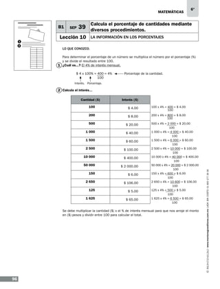 matemáticas

B1
1
2

SEP

6°

Calcula el porcentaje de cantidades mediante

39 diversos procedimientos.

Lección 10

La información en los porcentajes

Lo que conozco.
Para determinar el porcentaje de un número se multiplica el número por el porcentaje (%)
y se divide el resultado entre 100.
1 ¿Cuál es...? El 4% de interés mensual.
	

$ 4 x 100% = 400 = 4%
100

Porcentaje de la cantidad.

Interés. Porcentaje.

2 Calcula el interés...
Cantidad ($)

Interés ($)
$ 4.00

100 x 4% = 400 = $ 4.00
100

200

$ 8.00

200 x 4% = 800 = $ 8.00
100

500

$ 20.00

1 000

$ 40.00

1 500

$ 60.00

2 500

$ 100.00

10 000

$ 400.00

50 000

$ 2 000.00

150

$ 6.00

2 650

$ 106.00

125

$ 5.00

1 625

$ 65.00

500 x 4% = 2 000 = $ 20.00
100
1 000 x 4% = 4 000 = $ 40.00
100
1 500 x 4% = 6 000 = $ 60.00
100
2 500 x 4% = 10 000 = $ 100.00
100
10 000 x 4% = 40 000 = $ 400.00
100
50 000 x 4% = 20 000 = $ 2 000.00
100
150 x 4% = 600 = $ 6.00
100
2 650 x 4% = 10 600 = $ 106.00
100
125 x 4% = 500 = $ 5.00
100
1 625 x 4% = 6 500 = $ 65.00
100

Se debe multiplicar la cantidad ($) x el % de interés mensual para que nos arroje el monto
en ($) pesos y dividir entre 100 para calcular el total.

96

www.montenegroeditores.com.mx lada sin costo 01 800 277 36 36

100

 
