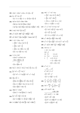 (              )         116. 49a − x − 9 y + 6 xy
                                                                                                     3                 2   2     2
102. 125x 3 − 225x 2 + 135x − 27 = 5x − 3

103. (a − 2) − (a + 3)
                           2                      2                                                                   =−   [ (x   2
                                                                                                                                      − 6xy + 9 y 2 ) − 49a 2     ]
       = (a − 2 + a + 3)(a − 2 − a − 3) = (2a + 1)(− 5)                                                                    [
                                                                                                                      = − ( x − 3 y) − 49a 2
                                                                                                                                             2
                                                                                                                                                        ]
104. 4a m + 12a n − 5bm − 15bn
               2                     2                                                                                = − (7a + x − 3 y )(− 7a + x − 3 y )

       = (4a 2 m + 12a 2n) − (5bm + 15bn)                                                                             = (7a + x − 3 y )(7a − x + 3 y)

       = 4a 2 (m + 3n) − 5b (m + 3n) = (m + 3n)(4a 2 − 5b)                                                     117. x 4 − y 2 + 4 x 2 + 4 − 4 yz − 4 z 2

                                                                                                                      = ( x 4 + 4 x 2 + 4) − ( y 2 + 4 yz + 4 z 2 )
                  (1+ 3x )
105. 1 + 6 x 3 + 9 x 6 =                                      3 2

                                                                                                                      = ( x 2 + 2) − ( y + 2 z )
                                                                                                                                       2                2

106. a + 3a b − 40b = (a + 8b)(a − 5b)
           4                   2                  2           2                           2

                                                                                                                      = ( x 2 + 2 + y + 2 z)( x 2 + 2 − y − 2 z)
107. m + 8a x = (m + 2ax )(m − 2axm + 4a x )
           3                   3 3                                        2                              2 2
                                                                                                               118.   a 3 − 64 = (a − 4)(a 2 + 4a + 16)
108. 1 − 9 x + 24 xy − 16 y
                                                                                                                      a 5 + x 5 = (a + x )(a 4 − a 3 x + a 2 x 2 − ax 3 + x 4 )
                       2                                  2



                   [                                                          ]
                                                                                                               119.
       = − (9 x 2 − 24 xy + 16 y 2 ) − 1
                                                                                                                      a 6 − 3a 3b − 54b 2 = (a 3 − 9b)(a 3 + 6b)
                   [
       = − (3x − 4 y) − 1                             ]
                                          2                                                                    120.

                                                                                                               121. 165 + 4 x − x 2
                   [
       = − (3x − 4 y + 1)(3x − 4 y − 1)                                           ]                                   = − ( x 2 − 4 x − 165)
       = (3x − 4 y + 1)(1 + 4 y − 3x )                                                                                165       5
                                                                                                                      33        3                  5⋅ 3 = 15
109. 1 + 11x + 24 x
                                         2

                                                                                                                      11        11              11⋅ 1 = 11
       = ( 24 x ) + 11( 24 x ) + 24
                               2
                                                                                                                      1                    ⇒ 15 − 11 = 4

       =
           (24 x + 8)(24 x + 3)                                                                                                            = − ( x − 15)( x + 11)
                                   8⋅ 3
                                                                                                                                          = (15 − x ) ( x + 11)
       = (3x + 1)(8 x + 1)
                                                                                                               122. a + a + 1
                                                                                                                     4   2

110.   9 x 2 y 3 − 27 x 3 y 3 − 9 x 5 y 3 = 9 x 2 y 3 (1 − 3x − x 3 )                                                      + a2             − a2

       (
111. a + b − c
               2           2
                                     ) − 9x y
                                     2 2                  2 2                                                         a 4 + 2a 2 + 1 − a 2

       = (a 2 + b 2                − c + 3xy)(a                           + b2 − c2 − 3xy)                            = (a 2 + 1) − a 2
                                                                                                                                      2
                                          2                           2


                                                                                                                      = (a 2 + a + 1)(a 2 − a + 1)
           (
112. 8 a + 1 − 1           )   3




                                          ][                                                         ]
                                                                                                                      x2 y6  x y3   x y3 
           [
       = 2 (a + 1) − 1 4 (a + 1) + 2 (a + 1) + 1
                                                                  2
                                                                                                               123.     − = +  − 
                                                                                                                      4 81  2 9   2 9 
       = (2a + 2 − 1)(4a + 8a + 4 + 2a + 2 + 1)   2
                                                                                                                                  8 xy y 2                    y
                                                                                                                                                                    2

                                                                                                               124. 16 x +            + =  4x +                
                                                                                                                            2

       = (2a + 1)(4a 2 + 10a + 7)                                                                                                  5 25                       5
                                                                                                               125. a b + 4a b − 96
                                                                                                                     4 4    2 2
113. 100 x y − 121m
                       4       6                  4

                                                                                                                                                 + 100 − 100
       = (10 x 2 y 3 + 11m2 )(10 x 2 y 3 − 11m2 )
                                                                                                                      a b + 4a b + 4 − 100
                                                                                                                        4 4               2 2

       (
114. a + 1
            2
             ) + 5(a + 1 ) − 242              2
                                                                                                                      = (a 2b 2 + 2) − 100
                                                                                                                                            2


       = (a + 1 + 8)(a + 1 − 3) = (a
                   2                          2                               2
                                                                                  + 9)(a − 2)    2
                                                                                                                      = (a 2b 2 + 2 + 10)(a 2b 2 + 2 − 10)
115. 1 + 1. 000 x 6 =                     (1+ 10x )(1− 10x    2                           2
                                                                                              + 100 x 4 )             = (a 2b 2 + 12)(a 2b 2 − 8)
 