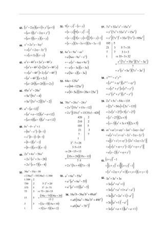 (               )(
43. x − 2 xy a + 1 + y a + 1
     2                2
                               ( ) )                           ( ) ( )  3
                                                        51. 9 x − y − x − y                             57. 7 x + 32a x − 15a x
                                                                                                                                              6                    2       4                   4       2



     = (a + 1)( x − 2 xy + y )                               = (x − y )[9 ( x − y ) − 1]                    = x (7 x + 32a x − 15a )
                                                                                                2                                             2               4                    2   2                       4
                         2                  2


     = (a + 1)( x − y)( x − y )                              = (x − y )[3 ( x − y ) + 1] [3 (x − y ) − 1] = x [ (7 x ) + 32a (7 x ) − 105a    2                   2 2                      2               2           4
                                                                                                                                                                                                                           ]
                                                             = (x − y )(3x − 3 y + 1)(3x − 3 y − 1)         105 5
44. x + 2 x y − 3xy
         3       2                  2

                                                                                                                                                                               5⋅ 7 = 35
     = x ( x 2 + 2 xy − 3y 2 )
                                                                                                                                       21                 3
                                                        52. 6a x − 9a − ax                                                                                                      3⋅ 1 = 3
                                                              2      3     2
                                                                                                                                       7                  7
     = x ( x + 3 y)( x − y )
                                                             = a (6ax − 9a − x      2           2
                                                                                                    )                                  1                       ⇒ 35 − 3 = 32

45. a x − 4b x + 2a y − 8b y
         2           2              2            2
                                                             = − a (x − 6ax + 9a
                                                                        2
                                                                                     )              2                                                              x 2 (7 x 2 + 35a 2 )(7 x 2 − 3a 2 )
                                                                                                                                                              =
     = (a 2 x − 4b2 x) + (2a 2 y − 8b2 y)                    = − a (x − 3a )( x − 3a )
                                                                                                                                                                                   7
                                                                                                                                                              = x 2 ( x 2 + 5a 2 )(7 x 2 − 3a 2 )
     = x (a 2 − 4b2 ) + 2 y (a 2 − 4b 2 )                    = a (3a − x )( x − 3a )
     = (a 2 − 4b2 )( x + 2 y)
                                                                                                                                           2m + 2
                                                                                                                                  58. x               − x 2 y 2n
                                                        53. 64a − 125a
                                                                                4

     = (a − 2b)(a + 2b)(x + 2 y )                                                                                                      = ( x m +1 + xy n )( x m +1 − xy n )
                                                             = a (64 − 125a             3
                                                                                            )                                          = x (x m + y n ) x (x m − y n )
46. 45a x − 20a                                              = a (4 − 5a )(16 + 20a + 25a                             )
       2 4      2
                                                                                                                  2
                                                                                                                                       = x 2 ( x m + y n )( x m − y n )
     = 5a 2 (9 x 4 − 4)
     = 5a 2 (3x 2 + 2)(3x 2 − 2)                                                                                                  59. 2 x + 5x − 54 x − 135
                                                                                                                                         4    3
                                                        54. 70 x + 26 x − 24 x
                                                                4      3       2


                                                             = 2 x 2 (35x 2 + 13x − 12)                                                = (2 x 4 − 54 x ) + ( 5x 3 − 135)
             (
47. a 4 − a − 12             )
                             2


                                                                    [
                                                             = 2 x 2 ( 35x ) + 13 ( 35x ) − 420                           ]            = 2 x ( x 3 − 27) + 5 ( x 3 − 27)
     = (a 2 + a − 12)(a 2 − a + 12)
                                                                            2


                                                                                                                                       = ( x 3 − 27)(2 x + 5)
     = (a + 4)(a − 3)(a 2 − a + 12)
                                                                                420                     2

                                                                                                                                       = ( x − 3)( x 2 + 3x + 9)(2 x + 5)
                                                                                210                     2
48. bx − b − x + 1                                                              105                     5
      2       2

                                                                                                                                  60. ax 3 + ax 2 y + axy 2 − 2ax 2 − 2axy − 2ay 2
     = (bx 2 − x 2 ) − (b − 1)
                                                                                 21                      3
                                                                                 7                      7                              = a (x 3 + x 2 y + xy 2 − 2 x 2 − 2 xy − 2 y 2 )
     = x 2 (b − 1) − (b − 1)
                                                                                                                                           [
                                                                                                                                       = a ( x 3 + x 2 y + xy2 ) − (2 x 2 + 2 xy + 2 y 2 )                                     ]
                                                                                1
     = (b − 1)(x 2 − 1)                                           2 2 ⋅ 7 = 28
     = (b − 1)(x + 1)( x − 1)                                       3⋅ 5 = 15                                                          = a [x (x          2
                                                                                                                                                               + xy + y ) − 2 ( x + xy + y
                                                                                                                                                                                   2                       2       2
                                                                                                                                                                                                                       )]
                                                            ⇒ 28 − 15 = 13                                                             = a (x − 2)( x + xy + y         2                       2
                                                                                                                                                                                                   )
49. 2 x + 6 x − 56 x
       4     3       2

                                                               (35x + 28)(35x − 15)
     = 2 x 2 ( x 2 + 3x − 28)                                =                                                                        (           )   4
                                                                                7 ⋅5                                              61. x + y − 1
     = 2 x 2 ( x + 7)( x − 4)                                = 2 x 2 (5x + 4)(7 x − 3)                                                    [
                                                                                                                                      = (x + y ) + 1 (x + y ) − 1
                                                                                                                                                              2
                                                                                                                                                                           ][                      2
                                                                                                                                                                                                               ]
50. 30a − 55a − 50                                                                                                                    = ( x + 2 xy + y + 1)(x + y + 1)(x + y − 1)
         2                                                                                                                                    2                                2

    = ( 30a ) − 55 ( 30a ) − 1. 500                     55. a 7 + 6a 6 − 55a 3
             2

                                                                                                                                  62. 3a 5 + 3a 3 + 3a
                                                             = a 3 (a 4 + 6a 3 − 55)
    1. 500 2
                                    5⋅ 2 = 20                                                                                          = 3a (a 4 + a 2 + 1)
                                        2
     750         2
                                52 ⋅ 3 = 75                  = a 3 (a 2 + 11)(a 2 − 5)
                                                                                                                                       = 3a (a 4 + a 2 + 1 + a 2 − a 2 )
     375         5
     75          5           ⇒ 75 − 20 = 55
                                  (30a − 75)(30a + 20)       56. 16a b − 56a b + 49ab
                                                                                                                                                  [
                                                                                                                                       = 3a (a 4 + 2a 2 + 1 ) − a 2                                        ]
                                                                            5                   3 3               5

                             =
                                                                  = ab (16a − 56a b + 49b                                         )
     15          5

                                                                                                                                                  [                                        ]
                                                15⋅ 2                                   4                   2 2               4

                                                                                                                                       = 3a (a + 1 ) − a
                                                                                                                                                                            2
                                 = (2a − 5)(15a + 10)
                                                                                                                                                           2                           2

                                                                  = ab (4a 2 − 7b 2 )
     3           3                                                                                       2

     1                           = 5 (2a − 5)(3a + 2)                                                                                  = 3a (a + a + 1 )(a − a + 1 )
                                                                                                                                                          2                                2
 