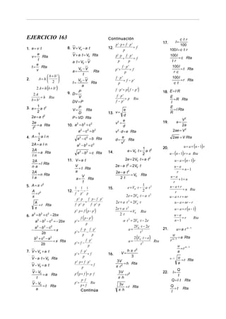 EJERCICIO 163                                                       Continuación                                           c ⋅ t ⋅r
                                                                                                             17.          I=
                                                                        p '⋅ p + f ⋅ p '                                   100
1. e = v ⋅ t                     8. V = Vo − a ⋅ t                  12.                  =f
                                                                               p                                   100 I = c ⋅ t ⋅ r
   v=
       e
             Rta                    V + a ⋅ t = V0 Rta                  p' ⋅ p f ⋅ p '                             100 I
       t                                                                       +         =f                               = c Rta
                                    a ⋅ t = V0 − V                        p        p                                t ⋅r
      e
   t=       Rta                                                               f ⋅ p'                                100 I
      v                                   V0 − V                        p'+          =f                                    = t Rta
                                    a=                       Rta                 p                                    r⋅c
                                             t
                    b + b '                                           f ⋅ p'                                      100 I
2.            A= h                      V0 − V                               = f − p'                                    = r Rta
                    2             t=           Rta                      p                                           c⋅t
             2 A = h (b + b ')
                                            a
                                                                          f ⋅ p ' = p ( f − p ')
                                 9. D = P                                                                    18. E = I ⋅R
      2A                                                                   f ⋅ p'
           = h Rta                      V                                         =p                             E
     b+ b'                                                                                Rta                      = R Rta
                                    DV = P                                f − p'                                 I
       1                                P                                                                        E
3. e = a ⋅ t 2                      V=     Rta                                    e                                 = I Rta
       2                                D                           13. v =                                      R
   2e = a ⋅ t 2                                                                   d
                                    P = VD Rta
                                                                                 e                                         V2
   2e                                                                     v =
                                                                            2                                19.           e=
       = a Rta                   10. a = b + c
                                         2       2       2
                                                                                 d                                         2a
    t2
                                          a2 − c2 = b2                    v 2 ⋅ d = e Rta                            2ae = V 2
        1
4. A = a ⋅ l ⋅ n                         a 2 − c 2 = b Rta                       e                                   2ae = V Rta
        2                                                                 d = 2 Rta
   2A = a ⋅ l ⋅ n                                                               v
                                         a2 − b2 = c2
                                                                                                             20.                 u = a + (n − 1) r
                                                                                                1 2
   2A                                                                               e = V0 ⋅ t +  a⋅t
        = a Rta                          a − b = c Rta              14.                                            u − (n − 1) r = a Rta
                                             2       2
   l ⋅n                                                                                        2
   2A                            11. V = a ⋅ t                                    2e = 2V0 ⋅ t + a ⋅ t 2                  u − a = (n − 1) r
        = l Rta
   n⋅ a                              V                                    2e − a ⋅ t 2 = 2V0 ⋅ t                       u− a
                                       = t Rta                                                                                 = n−1
   2A                                a                                    2e − a ⋅ t 2                                    r
        = n Rta                                                                        = V0        Rta
   l⋅ a                                  V                                   2⋅ t                                   u− a
                                     a=        Rta                                                                          + 1= n
                                          t                                                                           r
5. A = π ⋅ r                                                                                    1
             2
                                       1 1 1                        15.             e = V0 ⋅ t − a ⋅ t 2           u− a+ r
   A 2                           12.      = −                                                   2                              = n Rta
     =r                                f p' p                                                                           r
   π                                                                               2e = 2V0 ⋅ t − a ⋅ t 2          u − a + r = nr
                                         p '⋅ p     f ⋅ p− f ⋅ p'
         A                                        =                       2e + a ⋅ t 2 = 2V0 ⋅ t                          u − a = nr − r
           = r Rta                     f ⋅ p '⋅ p      f ⋅ p '⋅ p
         π                                                                2e + a ⋅ t 2                                    u − a = r (n − 1)
                                       p ' ⋅ p = f ( p − p ')                          = V0        Rta
6. a = b + c − 2bx
         2      2     2                                                      2⋅t                                      u− a
                                             f ( p − p ')                                                                  =r               Rta
     a 2 − b 2 − c 2 = − 2bx           p'=                                       a ⋅ t 2 = 2V0 ⋅ t − 2e               n−1
                                                  p
         a2 − b2 − c2                                                                      2V ⋅ t − 2e
     −                =x                     f ⋅ p f ⋅ p'                              a= 0 2                21.           u = a ⋅r n − 1
              2b                       p'=         −                                             t
                                                                                        2 (V0 ⋅ t − e)
                                               p        p                                                            u
         b +c −a
          2    2    2                                                                                                     = a Rta
                      = x Rta                     f ⋅ p'                             a=                Rta         r n −1
             2b                        p'= f −                                               t2
                                                    p                                                                     u n−1
                                                                                                                            =r
7. V = Vo + a ⋅ t                            f ⋅ p'                                 h ⋅π ⋅ r 2                            a
                                       p'+          =f              16.        V=
                                               p                                       3
     V − a ⋅ t = V0 Rta                                                                                            n −1     u
                                                                                                                              = r Rta
                                       p '⋅ p + f ⋅ p '                    3V
                                                                                 = h Rta                                    a
     V − V0 = a ⋅ t                                     =f                π ⋅r 2
                                              p
                                                                                                                       Q
     V − V0
            =a            Rta          p '(p + f )= p⋅ f                    3V 2
                                                                                 =r
                                                                                                             22.     I=
                                                                                                                         t
        t                                                                  π ⋅h
                                             p⋅ f                                                                   Q = I⋅ t      Rta
     V − V0                            p'=        Rta
            =t            Rta                p+ f                           3v
                                                                                 = r Rta                           Q
       a                                                                    π ⋅h                                     =t         Rta
                                             Continúa                                                              I
 
