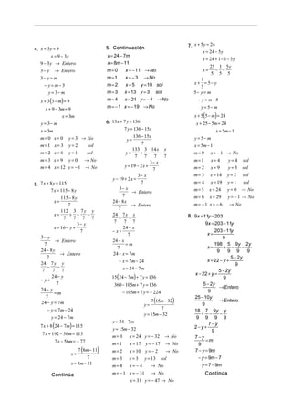 7. x + 5 y = 24
4. x + 3 y = 9                          5. Continuación
                                                                                          x = 24 − 5 y
         x = 9 − 3y                     y = 24 − 7m
                                                                                          x = 24 + 1 − 1 − 5 y
   9 − 3y → Entero                      x = 8m − 11
                                                                                               25 1 5 y
   3 − y → Entero                       m=0       x = − 11 → No                           x=     − −
                                                                                               5 5 5
   3− y = m                             m =1      x = − 3 → No                          1
    − y = m− 3                          m=2       x = 5 y = 10 sol                   x + = 5− y
                                                                                        5
        y = 3− m                        m = 3 x = 13 y = 3 sol                       5− y = m
   x + 3(3 − m) = 9                     m = 4 x = 21 y = − 4 → No                      − y = m− 5
      x + 9 − 3m = 9                    m = − 1 x = − 19 → No                            y = 5− m
               x = 3m                                                                x + 5(5 − m) = 24
   y = 3− m                             6. 15x + 7 y = 136                            x + 25 − 5m = 24
   x = 3m                                        7 y = 136 − 15x                                  x = 5m − 1
   m= 0 x = 0      y = 3 → No                          136 − 15x                     y = 5− m
                                                   y=
   m= 1 x = 3      y=2     sol                              7                        x = 5m − 1
                                                       133 3 14 x x
   m= 2 x = 6      y=1     sol                     y=      + −        −              m= 0      x = − 1 → No
                                                        7 7 7           7
   m = 3 x = 9 y = 0 → No                                        3− x                m= 1      x=4       y= 4    sol
   m = 4 x = 12 y = − 1 → No                      y = 19 − 2 x +                     m= 2      x=9       y=3     sol
                                                                  7
                                                          3− x                       m= 3      x = 14    y= 2    sol
                                           y − 19 + 2 x =
5. 7 x + 8 y = 115                                         7                         m= 4      x = 19    y=1     sol
         7 x = 115 − 8 y                       3− x                                  m= 5      x = 24    y= 0    → No
                                                       → Entero
               115 − 8 y
                                                 7                                   m= 6      x = 29    y = − 1 → No
           x=                              24 − 8x
                   7                                   → Entero                      m= − 1 x = − 6       → No
                                              7
               112 3 7 y y
           x=       + −      −             24 7 x x                               8. 9x + 11y = 203
                7 7 7 7                        −     −
                                            7     7 7                                      9x = 203 − 11y
                        3− y
           x = 16 − y +                          24 − x
                         7                 − x+                                                  203 − 11y
                                                    7                                       x=
   3− y                                                                                               9
           → Entero                        24 − x
     7                                             =m                                           198 5 9y 2y
                                              7                                             x=        + −      −
   24 − 8 y                                                                                       9     9 9      9
               → Entero                    24 − x = 7m
      7                                                                                                  5 − 2y
                                              − x = 7m − 24                                 x = 22 − y +
   24 7 y y                                                                                                9
       −     −                                    x = 24 − 7m
    7     7 7                                                                                      5 − 2y
                                                                                     x − 22 + y =
         24 − y                            15(24 − 7m) + 7 y = 136                                    9
   − y+
            7                               360 − 105m + 7 y = 136                        5 − 2y
   24 − y                                                                                          → Entero
           =m                                     − 105m + 7 y = − 224                       9
      7                                                                              25 − 10y
   24 − y = 7m                                                    7 (15m − 32)                     → Entero
                                                              y=                         9
       − y = 7m − 24                                                   7             18 7 9y y
                                                              y = 15m − 32               + −        −
         y = 24 − 7m                                                                  9 9 9 9
                                           x = 24 − 7m
   7 x + 8 (24 − 7m) = 115                                                           2−y+
                                                                                             7−y
                                           y = 15m − 32                                        9
    7 x + 192 − 56m = 115
                                           m= 0      x = 24 y = − 32       → No      7−y
           7 x − 56m = − 77                                                                =m
                                           m= 1      x = 17 y = − 17       → No        9
                          7 (8m − 11)      m= 2      x = 10 y = − 2        → No      7 − y = 9m
                      x=
                               7           m= 3      x= 3       y = 13   sol           − y = 9m − 7
                      x = 8m − 11          m= 4      x= −4         → No                  y = 7 − 9m

         Continúa                          m = − 1 x = − 31        → No                     Continúa
                                                     x = 31 y = − 47 → No
 