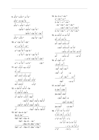 3                        1                                   1
9. a 4 b − 3 + a 4 b − 2 − a
                                                               −                                                        14. 2x − 3 + x − 1 + 4x − 2
                                                                   4
                                                                       b−1
      1
                                               −
                                                   1                                                                         x − 1 − 2x − 2 + x − 3
              −1
    a b − 2 + 3a
      2                                            2
                                                       b
                                                                                                                             2 − 3x − 1 + x − 2 + 4 x − 3
      5                            3                               1
    a b− 4 + a b − 3 − a b − 2
      4                            4                               4                                                             − 4x − 1 + 6x − 2 − 2x − 3 − 8x − 4
                                   3                                   1
                                                                                          −
                                                                                              1                                                          + 2x − 2 − 3x − 3 + x − 4 + 4 x − 5
                      − 2a 4 b − 3 − 2a 4 b − 2 + 2a                                          4 b−1

                                                                 1                           1                  3
                                                                                                                             2 − 7 x − 1 + 9x − 2 − x − 3 − 7 x − 4 + 4x − 5
                                                                                         −                  −
                                                           3   a 4 b− 2         + 3a         4 b−1 −
                                                                                                       3a       4                                1       1
                                                                                                                                                                                 −
                                                                                                                                                                                     1       3

      5                   3                                                             1                  3
                                                                                                                        15. m − m 2 n 2 + n − m 2 n 2
                                                                                      −                  −
    a 4 b− 4          − a 4 b− 3                                                +5   a 4 b−1 −         3a 4                          1               1
                                                                                                                                                                     −
                                                                                                                                                                         1
                                                                                                                             m2 + n2 + m 2n
                           1   1
                         −   −
10. a − 1 + 2           a 2b 2                         + 2b − 1                                                                      3                   1               1               3

                         1   1
                                                                                                                             m 2 − mn 2 + m 2 n − n 2
                       −   −
      a− 1 −          a 2b 2                           + b− 1                                                                                            1               1               3
                                                                                                                                                                                                 −
                                                                                                                                                                                                     1
                                                                                                                                         + mn 2 − m 2 n + n 2 − m 2 n2
                           3   1
                         −   −
      a− 2 + 2                                         + 2a − 1b − 1
                                                                                                                                                                         1               3           1                5
                        a 2b 2                                                                                                                                                                   −
                                                                                                                                                             + m 2 n − n 2 + m 2 n2 − m− 1n 2
                          3   1                                                          1   3
                        −   −                                                          −   −
              −        a 2b 2                          − 2a − 1b − 1 − 2              a 2b 2                                         3                                   1               3                           5

                                                                                        1   3
                                                                                                                             m2                              + m2n − n2                                       − m− 1n 2
                                                                                      −   −
                                                   + a − 1b − 1 + 2                  a 2b 2           + 2b − 2                   3                   1
                                                                                                                                                                     −
                                                                                                                                                                         1
                                                                                                                        16. a 5 + 2a 5 − a                               5
                                   3   1
                           −         −
      a− 2 + a                     2b 2                 + a − 1b − 1                                   + 2b − 2                                  2
                                                                                                                                                                 −
                                                                                                                                                                     2
                                                                                                                             −2+a5 −a                                5
                           3       1                                   1    3
11. 4x 2 − x 2 y 2 + xy − x 2 y 2                                                                                                            3                   1
                                                                                                                                                                                 −
                                                                                                                                                                                     1

          1                1                                                                                                 − 2a 5 − 4a 5 + 2a                                      5

      x2 + y2                                                                                                                                3               1
                                                                                                                             + 2a 5 − a 5                                                +a
              5                    1                   3                    3
      4x 2 − x 2 y 2 + x 2 y − xy 2
                                                                                                                                                          1                          1                    3
                                                                                                                                                                                 −                    −
                                                                                                                                                 −       a5          − 2a            5           +a       5
                                   1                   3                    3        1
                      4x 2 y 2 − x 2 y + xy 2 − x 2 y 2                                                                                                          1
                                                                                                                                                                                                     −
                                                                                                                                                                                                          3
                                                                                                                                                 − 6a 5                                  +a+a             5
              5                            1                                         1
      4x + 3x 2 y
              2                            2
                                                                                − x y2
                                                                                     2                                                               2                   1

                       1       2                   2       1
                                                                                                                        17. m + 3m 3 + 2m 3
12. x − 2a x + a x − 3a3       3                   3       3                                                                                     −
                                                                                                                                                     1
                                                                                                                                                                         −
                                                                                                                                                                             2

          4                2           2                   1
                                                                                                                             2 − 2m                  3
                                                                                                                                                             + 2m            3


      x + 3a x + 2a x
          3                3           3                   3                                                                                             2                   1

          7                1                               2       5             4
                                                                                                                             2m + 6m 3 + 4m 3
      x − 2a x 2 + a x − 3ax
          3                3                               3       3             3                                                                       2                   1

                                                           2           5          4              4              5   2
                                                                                                                                         − 2m 3 − 6m 3 − 4
                                           + 3a x − 6ax + 3a x − 9a x
                                                           3           3          3              3              3   3                                                        1
                                                                                                                                                                                                 −
                                                                                                                                                                                                     1

                               1                               2       5             4           4
                                                                                                                                                             + 2m 3 + 6 + 4m                         3


              + 2a x 2 − 4a x + 2ax − 6a x
                               3                               3       3             3           3                                                       2
                                                                                                                                                                                                 −
                                                                                                                                                                                                     1

          7                                                                       4              4              5   2
                                                                                                                             2m + 4m 3                                           + 2 + 4m            3


      x3                                                                   − 7ax 3 − 3a 3 x − 9a 3 x 3                           −
                                                                                                                                     3 3
                                                                                                                                                             −
                                                                                                                                                                     1   1 1
                                                                                                                        18. x        4y2         + 3x                4y−x4y2
13. 5a 2 − 3a + 4 − 2a − 1                                                                                                           5 1                             3               1   1
                                                                                                                                 −                           −                   −     −
                                                                                                                                     4y2         − 3x                4   −x          4y 2
      3a + 2 − 5a − 1                                                                                                        x
                                                                                                                                                                 3 3
                                                                                                                                                             −
     15a 3 − 9a 2 + 12a − 6                                                                                                  x − 2 y 2 + 3x                      2y2         − x − 1y
                                                                                     −1
                      10a − 6a + 8 − 4a
                                   2
                                                                                                                                                     −
                                                                                                                                                       3 3
                                                                                                                                                                                                     −
                                                                                                                                                                                                          1 1
                                                                                                                                                 − 3x 2 y 2                  − 9x − 1y + 3 x              2y2
                                           − 25a + 15 − 20a − 1 + 10a − 2                                                                                                                                 1 1
                                                                                                                                                                                                      −
                                                                                         −1            −2                                                                    − x − 1y − 3x                2y2   +1
     15a + a      3                2
                                           − 19a + 17 − 24a + 10a
                                                                                                                                 −2 2                                                    −1
                                                                                                                             x           y                                   − 11x y                            +1
 