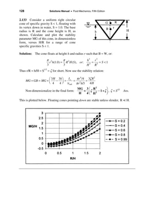 128                     Solutions Manual • Fluid Mechanics, Fifth Edition


2.133 Consider a uniform right circular
cone of specific gravity S < 1, floating with
its vertex down in water, S = 1.0. The base
radius is R and the cone height is H, as
shown. Calculate and plot the stability
parameter MG of this cone, in dimensionless
form, versus H/R for a range of cone
specific gravities S < 1.

Solution: The cone floats at height h and radius r such that B = W, or:

                      π 2         π 2            h3   r3
                        r h(1.0) = R H (S ), or:    =    = S <1
                      3           3              H 3 R3
Thus r/R = h/H = S1/3 = ζ for short. Now use the stability relation:

                     æ 3 H 3h ö  I    π r 4 /4 3ζ R 2
      MG + GB = MG + ç    − ÷= o = 2          =
                     è 4    4 ø υ sub π r h/3   4H
                                                MG 3 æ R 2        ö
      Non-dimensionalize in the final form:       = ç ζ 2 − 1 + ζ ÷ , ζ = S1/3   Ans.
                                                H  4è H           ø

This is plotted below. Floating cones pointing down are stable unless slender, R = H.
 
