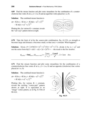 290                         Solutions Manual • Fluid Mechanics, Fifth Edition


4.69 Find the stream function and plot some streamlines for the combination of a counter-
clockwise line vortex K at (x, y) = (+a, 0) and an equal line vortex placed at (–a, 0).

Solution: The combined stream function is
ψ = –K ln r1 – K ln r2 = –K ln[(x – a)2 + y2]1/2
    – K ln[(x + a)2 + y2]1/2
Plotting this, for various K = constant, reveals
the “cat’s-eye” pattern shown at right.




4.70 Take the limit of φ for the source-sink combination, Eq. (4.133), as strength m
becomes large and distance a becomes small, so that (ma) = constant. What happens?

Solution: Given φ = 1 m ln[{(x + a) + y }/{(x − a) + y }], divide [] by (x + a)2 and
                                        2    2          2   2
                         2
use the series form ln[(1 + ε)/(1 – ε)] = 2ε + 2ε2/3 + … the result is the line doublet:

                                                          2amx    λ cosθ
             φdoublet = lim|am = 0 (φsource + sink ) =          =        , λ = 2am     Ans.
                                                         x +y
                                                          2   2
                                                                    r2



4.71 Find the stream function and plot some streamlines for the combination of a
counterclockwise line vortex K at (x, y) = (+a, 0) and an opposite (clockwise) line vortex
placed at (–a, 0).

Solution: The combined stream function is
ψ = –K ln r1 + K ln r2 = –K ln[(x – a)2 + y2]1/2
    + K ln[(x + a)2 + y2]1/2
Plotting this, for various K = constant,
reveals the swirling “vortex-pair” pattern
shown at right. It is equivalent to an
“image” vortex pattern, as in Fig. 8.17(b) of
the text.
                                                                          Fig. P4.71
 