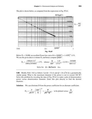 Chapter 5 • Dimensional Analysis and Similarity             353

The plot is shown below, as computed from the expressions in Fig. P5.61.




                                             Fig. P5.87

Below Π3 < 10,000, an excellent Power-law curve-fit is (Q/ΩD3 ) ≈ 1.43/Π 3 ± 1%.
                                                                         0.4

We use the given data to evaluate Π3 and hence compute Q/ΩD3:
             (300)(0.12)4                  Q       1.43              25/3600
      Π3 =                  = 273, whence      ≈           ≈ 0.152 =
           (680)(25/3600) 3
                                          ΩD 3
                                                 (273) 0.4
                                                                     Ω(0.12)3
                            Solve for Ω ≈ 26.5 rev/s         Ans.


5.88 Modify Prob. 5.62 as follows: Let Ω = 32 r/s and Q = 24 m3/h for a geometrically
similar pump. What is the maximum diameter if the power is not to exceed 340 W?
Solve this problem by rescaling the data of Fig. P5.61 to make a plot of dimensionless
power versus dimensionless diameter. Enter this plot directly to find the desired
diameter.

Solution: We can eliminate D from the power coefficient for an alternate coefficient:
                                   5/3
                  P      æ ΩD3 ö               P                              Q
           Π4 =         ⋅ç     ÷         =            , to be plotted versus
                ρΩ 3 D 5 è Q ø               ρΩ Q
                                                4/3
                                                  5/3
                                                                             ΩD3
 