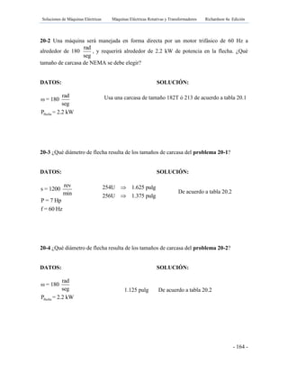 Soluciones de Máquinas Eléctricas Máquinas Eléctricas Rotativas y Transformadores Richardson 4a Edición
- 164 -
20-2 Una máquina será manejada en forma directa por un motor trifásico de 60 Hz a
alrededor de 180
rad
seg
, y requerirá alrededor de 2.2 kW de potencia en la flecha. ¿Qué
tamaño de carcasa de NEMA se debe elegir?
DATOS: SOLUCIÓN:
flecha
rad
ω = 180
seg
P = 2.2 kW
20-3 ¿Qué diámetro de flecha resulta de los tamaños de carcasa del problema 20-1?
DATOS: SOLUCIÓN:
rev
s = 1200
min
P = 7 Hp
f = 60 Hz
20-4 ¿Qué diámetro de flecha resulta de los tamaños de carcasa del problema 20-2?
DATOS: SOLUCIÓN:
flecha
rad
ω = 180
seg
P = 2.2 kW
Usa una carcasa de tamaño 182T ó 213 de acuerdo a tabla 20.1
254U 1.625 pulg
256U 1.375 pulg


De acuerdo a tabla 20.2
1.125 pulg De acuerdo a tabla 20.2
 