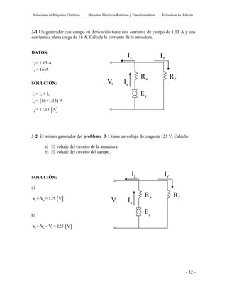Soluciones de Máquinas Eléctricas Máquinas Eléctricas Rotativas y Transformadores Richardson 4a Edición
- 32 -
aR fR
tV aI
LI fI
gE
aR fR
tV aI
LI fI
gE
3-1 Un generador con campo en derivación tiene una corriente de campo de 1.13 A y una
corriente a plena carga de 16 A. Calcule la corriente de la armadura.
DATOS:
SOLUCIÓN:
 aI = 17.13 A
3-2 El mismo generador del problema 3-1 tiene un voltaje de carga de 125 V. Calcule:
a) El voltaje del circuito de la armadura.
b) El voltaje del circuito del campo.
SOLUCIÓN:
a)
 t aV = V = 125 V
b)
 t a fV = V = V = 125 V
f
L
I = 1.13 A
I = 16 A
 
a L f
a
I = I + I
I = 16+1.13 A
 