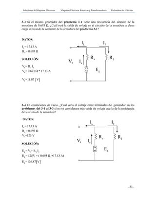 Soluciones de Máquinas Eléctricas Máquinas Eléctricas Rotativas y Transformadores Richardson 4a Edición
- 33 -
gE
aR fR
tV aI
LI fI
gE
aR fR
tV aI
LI fI
3-3 Si el mismo generador del problema 3-1 tiene una resistencia del circuito de la
armadura de 0.693 Ω, ¿Cuál será la caída de voltaje en el circuito de la armadura a plena
carga utilizando la corriente de la armadura del problema 3-1?
DATOS:
a
a
I = 17.13 A
R = 0.693 Ω
SOLUCIÓN:
 aV =11.87 V
3-4 En condiciones de vacío, ¿Cuál sería el voltaje entre terminales del generador en los
problemas del 3-1 al 3-3 si no se considerara más caída de voltaje que la de la resistencia
del circuito de la armadura?
SOLUCIÓN:
 gE =136.87 V
a a a
a
V = R I
V = 0.693 Ω * 17.13 A
a
a
t
I = 17.13 A
R = 0.693 Ω
V =125 V
g t a a
g
E = V + R I
E = 125V + ( 0.693 Ω 17.13 A)
DATOS:
 