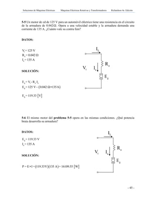 Soluciones de Máquinas Eléctricas Máquinas Eléctricas Rotativas y Transformadores Richardson 4a Edición
- 45 -
5-5 Un motor de cd de 125 V para un automóvil eléctrico tiene una resistencia en el circuito
de la armadura de 0.042. Opera a una velocidad estable y la armadura demanda una
corriente de 135 A. ¿Cuánto vale su contra fem?
DATOS:
tV = 125 V
aR = 0.042 
aI = 135 A
SOLUCIÓN:
g t a aE = V - R I
 gE = 125 V - 0.042 Ω 135A
 gE = 119.33 V
5-6 El mismo motor del problema 5-5 opera en las mismas condiciones. ¿Qué potencia
bruta desarrolla su armadura?
DATOS:
gE = 119.33 V
aI = 135 A
SOLUCIÓN:
    P = E I = 119.33V 135 A = 16109.55 W
gE
tV aI
LI
aR fR
gE
tV aI
LI
aR fR
 