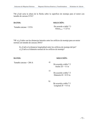 Soluciones de Máquinas Eléctricas Máquinas Eléctricas Rotativas y Transformadores Richardson 4a Edición
- 73 -
7-4 ¿Cuál sería la altura de la flecha sobre la superficie de montaje para el motor con
tamaño de carcasa 215A?
DATOS: SOLUCIÓN:
Tamaño carcasa = 215A
7-5 a) ¿Cuáles son las distancias laterales entre los orificios de montaje para un motor
normal con tamaño de carcasa 284A?
b) ¿Cuál es la distancia longitudinal entre los orificios de montaje del pie?
c) ¿Cuál es el diámetro normal de los orificios de montaje?
DATOS: SOLUCIÓN:
Tamaño carcasa = 284 A
De acuerdo a tabla 7.3
Alturaflecha = 5.25 in
a)
De acuerdo a tabla 7.3
Ancho 2E = 11 in
b)
De acuerdo a tabla 7.3
Longitud 2F = 9.5 in
c)
De acuerdo a tabla 7.3
Diámetro H = 0.53 in
 