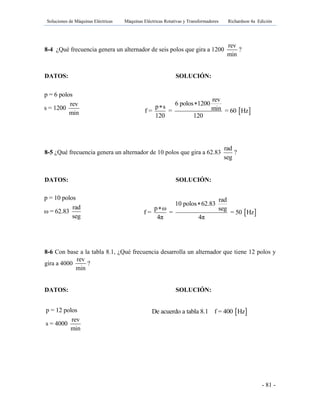 Soluciones de Máquinas Eléctricas Máquinas Eléctricas Rotativas y Transformadores Richardson 4a Edición
- 81 -
8-4 ¿Qué frecuencia genera un alternador de seis polos que gira a 1200
rev
min
?
DATOS: SOLUCIÓN:
8-5 ¿Qué frecuencia genera un alternador de 10 polos que gira a 62.83
rad
seg
?
DATOS: SOLUCIÓN:
8-6 Con base a la tabla 8.1, ¿Qué frecuencia desarrolla un alternador que tiene 12 polos y
gira a 4000
rev
min
?
DATOS: SOLUCIÓN:
 
rev
6 polos 1200p s minf = = = 60 Hz
120 120

p = 6 polos
rev
s = 1200
min
 
rad
10 polos 62.83
p ω seg
f = = = 50 Hz
4π 4π


p = 10 polos
rad
ω = 62.83
seg
p = 12 polos
rev
s = 4000
min
 De acuerdo a tabla 8.1 f = 400 Hz
 