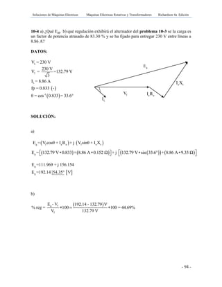 Soluciones de Máquinas Eléctricas Máquinas Eléctricas Rotativas y Transformadores Richardson 4a Edición
- 94 -
LI
a aI R
10-4 a) ¿Qué Egp b) qué regulación exhibirá el alternador del problema 10-3 se la carga es
un factor de potencia atrasado de 83.30 % y se ha fijado para entregar 230 V entre líneas a
8.86 A?
DATOS:
SOLUCIÓN:
a)
        gE = 132.79 V 0.833 + 8.86 A 0.152 Ω + j 132.79 V sin 33.6° + 8.86 A 9.33 Ω        
 
g
g
E =111.969 + j 156.154
E =192.14 54.35° V
b)
 g f
f
E - V 192.14 - 132.79 V
% reg = 100 100 = 44.69%
V 132.79 V
  
 
 
L
f
L
-1
V = 230 V
230 V
V = =132.79 V
3
I = 8.86 A
fp = 0.833 -
θ = cos 0.833 = 33.6°
   g f a a f a sE = V cosθ + I R + j V sinθ + I X
a sI X
gE
fV
 