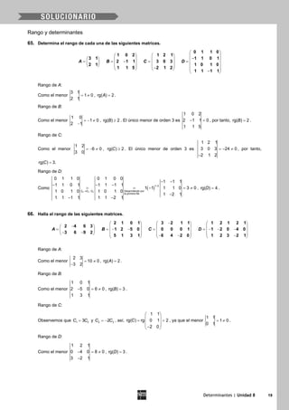 Determinantes | Unidad 8 19
Rango y determinantes
65. Determina el rango de cada una de las siguientes matrices.
0 1 1 0
1 0 2 1 2 1
3 1 1 1 0 1
2 1 1 3 0 3
2 1 1 0 1 0
1 1 5 2 1 2
1 1 1 1
A B C D
 
     −       = =− = =            −      − 
Rango de A:
Como el menor
3 1
1 0
2 1
= ≠ , rg( ) 2A = .
Rango de B:
Como el menor
1 0
1 0
2 1
=− ≠
−
, rg( ) 2B ≥ . El único menor de orden 3 es
1 0 2
2 1 1 0
1 1 5
− =, por tanto, rg( ) 2B = .
Rango de C:
Como el menor
1 2
6 0
3 0
=− ≠ , rg( ) 2C ≥ . El único menor de orden 3 es
1 2 1
3 0 3 24 0
2 1 2
=− ≠
−
, por tanto,
=rg( ) 3.C
Rango de D:
Como ( )
3 3 2
1 2
Desarrollando por
la primera fila
0 1 1 0 0 1 0 0
1 1 1
1 1 0 1 1 1 1 1
1 1 1 1 0 3 0
1 0 1 0 1 0 1 0
1 2 1
1 1 1 1 1 1 2 1
C C C
+
→ −
− −
− − −
= =− =≠
−
− −
, rg( ) 4D = .
66. Halla el rango de las siguientes matrices.
2 1 0 1 3 2 1 1 1 2 1 2 1
2 4 6 3
1 2 5 0 0 0 0 1 1 2 0 4 0
3 6 9 2
5 1 3 1 6 4 2 0 1 2 3 2 1
A B C D
−     
−       = =− − = =− − −       − −       − − −     
Rango de A:
Como el menor
2 3
10 0
3 2
= ≠
−
, rg( ) 2A = .
Rango de B:
Como el menor
1 0 1
2 5 0 6 0
1 3 1
− =≠ , rg( ) 3B = .
Rango de C:
Observemos que 1 33C C= y 2 32C C= − , así,
1 1
rg( ) rg 0 1 2
2 0
C
 
 = = 
 − 
, ya que el menor
1 1
1 0
0 1
= ≠ .
Rango de D:
Como el menor
1 2 1
0 4 0 8 0
3 2 1
− =≠
−
, rg( ) 3D = .
 