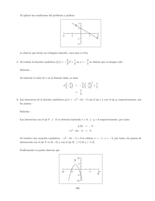Al aplicar las condiciones del problema y gra…car
-2 -1 1 2
-2
-1
1
2
x
y
se observa que forma un triángulo isósceles, cuya área es 0:5u
8. Al evaluar la función cuadrática f(x) =
2
3
x2
+
1
2
en x =
3
4
se obtiene que su imagen vale :
Solución :
Al sustituir el valor de x en la función dada, se tiene
f
3
4
=
2
3
3
4
2
+
1
2
=
1
8
9. Los intersectos de la función cuadrática g(x) = x2
6x 5 con el eje x y con el eje y, respectivamente, son
los puntos :
Solución :
Los intersectos con el eje Y y X se obtienen haciendo x = 0; y y = 0 respectivamente, por tanto
g (0) = 5
x2
6x 5 = 0
Al resolver esta ecuación cuadrática x2
6x 5 = 0 se obtiene x = 1 ; x = 5; por tanto, los puntos de
intersección con el eje Y es (0; 5) y con el eje X, ( 5; 0) y ( 1; 0)
Gra…camente se puede observar que
-10 -5 5 10
-10
-5
5
10
x
y
106
 