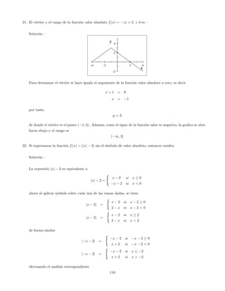21. El vértice y el rango de la función valor absoluto f(x) = jx + 1j + 3 es :
Solución :
-4 -2 2 4
-2
2
4
x
y
Para deteminar el vértice se hace iguala el argumento de la función valor absoluto a cero, es decir
x + 1 = 0
x = 1
por tanto
y = 3
de donde el vértice es el punto ( 1; 3) : Ademas, como el signo de la función valor es negativo, la gra…ca se abre
hacia abajo y el rango es
( 1; 3]
22. Si expresamos la función f(x) = jjxj 2j sin el símbolo de valor absoluto, entonces resulta:
Solución :
La expresión jxj 2 es equivalente a
jxj 2 =
(
x 2 si x 0
x 2 si x < 0
ahora al aplicar módulo sobre cada una de las ramas dadas, se tiene
jx 2j =
(
x 2 si x 2 0
2 x si x 2 < 0
jx 2j =
(
x 2 si x 2
2 x si x < 2
de forma similar
j x 2j =
(
x 2 si x 2 0
x + 2 si x 2 < 0
j x 2j =
(
x 2 si x 2
x + 2 si x > 2
efectuando el análisis correspondiente
110
 