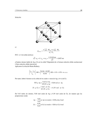 1 Estructura cristalina 23
Solución:
a)
ρteórica
at Ag
celda Ag
at O
celda O
A
n M n M
a N
=
⋅ + ⋅
⋅
. .
0
3
FCC ⇒ 4 át./celda (teórica)
2 4
4 0144
2
0 4070 0⋅ = ⋅ ⇒ =
⋅
=a r a
nm
nmAg
,
,
¿Cuántos átomos habrá de Ag y Cu en la celda? Dependerá de si forman solución sólida sustitucional
o bien solución sólida intersticial.
Aplicamos la relación Hume-Rothery:
r r
r
s s s
Ag Cu
Ag
−
⋅ =
−
⋅ = < ⇒100
0144 0128
0144
100 11% 15%
, ,
,
. . .
Por tanto, habrá 4 átomos en la celda de los cuales x seran de Ag y (4-x) de Cu.
Agatmol
Agg
Agatmol
Agg 04,9
87,107
1
955 =×
Cuatmol
Cug
Cuatmol
Cug 39,0
55,63
1
25 =×
De 9.43 moles de átomos, 9.04 mol serán de Ag y 0.39 mol serán de Cu, de manera que las
proporciones serán:
totalCuattotalesatCuatCu
totalAgattotalesatAgatAg
/04,0/
43,9
39,0
:
/96,0/
43,9
04,9
:
=
=
 