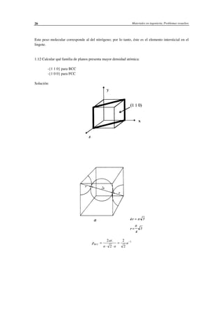 Materiales en ingeniería. Problemas resueltos26
Este peso molecular corresponde al del nitrógeno; por lo tanto, éste es el elemento intersticial en el
lingote.
1.12 Calcular qué familia de planos presenta mayor densidad atómica:
-{1 1 0} para BCC
-{1 0 0} para FCC
Solución:
ρBCC
at
a a
a=
⋅ ⋅
= −2
2
2
2
2.
 