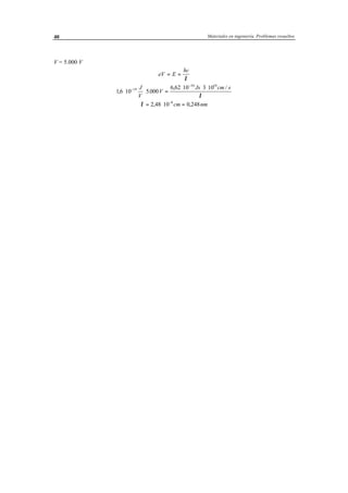 Materiales en ingeniería. Problemas resueltos40
V = 5.000 V
eV E
hc
= =
λ
16 10 5000
6 62 10 3 1019
34 10
, .
, /
⋅ ⋅ =
⋅ ⋅ ⋅−
−
J
V
V
Js cm s
λ
λ = ⋅ =−
2 48 10 0 2488
, ,cm nm
 