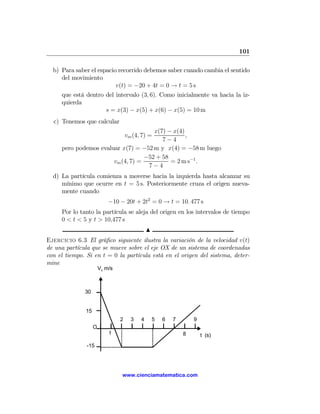 101

  b) Para saber el espacio recorrido debemos saber cuando cambia el sentido
     del movimiento
                          v(t) = −20 + 4t = 0 → t = 5 s
     que está dentro del intervalo (3, 6). Como inicialmente va hacia la iz-
     quierda
                      s = x(3) − x(5) + x(6) − x(5) = 10 m
  c) Tenemos que calcular
                                      x(7) − x(4)
                                    vm (4, 7) =   ,
                                         7−4
     pero podemos evaluar x(7) = −52 m y x(4) = −58 m luego
                                   −52 + 58
                       vm (4, 7) =          = 2 m s−1 .
                                    7−4
  d) La partícula comienza a moverse hacia la izquierda hasta alcanzar su
     mínimo que ocurre en t = 5 s. Posteriormente cruza el origen nueva-
     mente cuando
                           −10 − 20t + 2t2 = 0 → t = 10. 477 s
     Por lo tanto la partícula se aleja del origen en los intervalos de tiempo
     0 < t < 5 y t > 10,477 s
                                              N
Ejercicio 6.3 El gráﬁco siguiente ilustra la variación de la velocidad v(t)
de una partícula que se mueve sobre el eje OX de un sistema de coordenadas
con el tiempo. Si en t = 0 la partícula está en el origen del sistema, deter-
mine
                       Vx m/s



              30


              15
                                2     3   4       5   6   7       9
                   O
                           1                                  8       t (s)
               -15




                                www.cienciamatematica.com
 