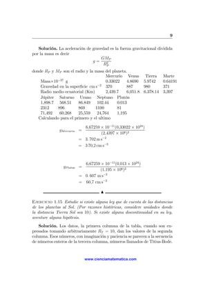 9

   Solución. La aceleración de gravedad es la fuerza gravitacional dividida
por la masa es decir
                                    GMP
                               g=     2
                                     RP
donde RP y MP son el radio y la masa del planeta.
                                       Mercurio Venus Tierra          Marte
            −27
    Masa×10      g                     0.33022    4.8690 5.9742       0.64191
    Gravedad en la superﬁcie cm s−2 370           887     980         371
    Radio medio ecuatorial (Km)        2,439.7    6,051.8 6,378.14    3,397
    Júpiter Saturno Urano Neptuno Plutón
    1,898.7 568.51      86.849    102.44     0.013
    2312     896        869      1100        81
    71,492    60,268    25,559    24,764     1,195
   Calculando para el primero y el ultimo

                           6,67259 × 10−11 (0,33022 × 1024 )
              gMercurio =
                                    (2,4397 × 106 )2
                         = 3. 702 m s−2
                         = 3 70,2 cm s−2



                           6,67259 × 10−11 (0,013 × 1024 )
                gP luton =
                                   (1,195 × 106 )2
                         = 0. 607 m s−2
                         = 60,7 cm s−2

                                     N

Ejercicio 1.15 Estudie si existe alguna ley que de cuenta de las distancias
de los planetas al Sol. (Por razones históricas, considere unidades donde
la distancia Tierra Sol sea 10). Si existe alguna discontinuidad en su ley,
aventure alguna hipótesis.
    Solución. Los datos, la primera columna de la tabla, cuando son ex-
presados tomando arbitrariamente RT = 10, dan los valores de la segunda
columna. Esos números, con imaginación y paciencia se parecen a la secuencia
de números enteros de la tercera columna, números llamados de Titius-Bode.


                             www.cienciamatematica.com
 