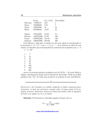 10                                                      Soluciones ejercicios

               R km            10 × R/RT     Titius-Bode
      Mercurio 57909175        3,87          4
      Venus    108208930       7,23          7
      Tierra   149597890       10            10
      Marte    227936640       15,22         16

     Júpiter     778412020 5 2,03             52
     Saturno 1426725400 9 5,37                100
     Urano       2870972200 19 1,91           196
     Neptuno 4498252900 30 0,69               388
    Con esfuerzo y algo más, se puede ver que esos números corresponden a
la secuencia 4 + 3 × 2n−1 con n = 1, 2, 3, · · · . Si se observa la tabla de esos
valores, se descubre que correspondería la existencia de un planeta con n = 4
     n 4 + 3 2n
             2


     1       7
     2      10
     3      16
     4      28
     5      52
     6     100
     7     196
     8     388
    esto es, la secuencia predice un planeta con 10×R/RT = 28, entre Marte y
Júpiter, precisamente donde está el cinturón de Asteroides. Nadie ha podido
justiﬁcar esta “ley” de modo que al parecer se trataría de una coincidencia.

                                       N

Ejercicio 1.16 Considere un satélite artiﬁcial en órbita ecuatorial geoes-
tacionaria, es decir que permanece siempre sobre el mismo punto de la su-
perﬁcie terrestre. Determine entonces la altura del satélite sobre la superﬁcie
terrestre y la rapidez de él en su órbita.

     Solución. Si Ω denota la velocidad angular terrestre esto es

                                     2π
                             Ω=             rad/s
                                  24 × 3600


                     www.cienciamatematica.com
 