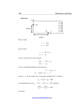 156                                                         Soluciones ejercicios

   Solución.
                    y




           0.6 km

                                                    x



                                   0.8 km
Para el niño

                                     x = 2,5t
                                     y = 0,6

para el bote

                                   x = 0,8 + vx t
                                   y = vy t

el bote encuentra al niño cuando

                                  2,5t = 0,8 + vx t
                                   0,6 = vy t

pero la velocidad absoluta está dada por

                                          v = 2,5ˆ + v0
                                                   ı
                                                 0
                          (vx − 2,5)ˆ + vy j = v
                                    ı      ˆ

siendo v0 = 20 de modo que si tomamos módulo de v0 resultará

                              (vx − 2,5)2 + vy = 400
                                             2


si reemplazamos aquí vx − 2,5 = − 0,8 y vy =
                                   t
                                                 0,6
                                                  t
                                                        resultará
                                  0,8 2   0,6
                              (      ) + ( )2 = 400
                                   t       t
de donde


                        www.cienciamatematica.com
 