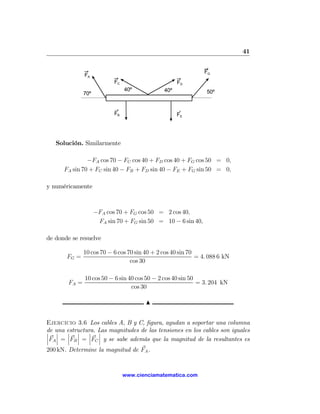 41


                                                               FG
               FA
                            FC                       FD
                                 40º           40º              50º
               70º


                            FB                       FE




   Solución. Similarmente

               −FA cos 70 − FC cos 40 + FD cos 40 + FG cos 50 = 0,
      FA sin 70 + FC sin 40 − FB + FD sin 40 − FE + FG sin 50 = 0,

y numéricamente



                     −FA cos 70 + FG cos 50 = 2 cos 40,
                      FA sin 70 + FG sin 50 = 10 − 6 sin 40,

de donde se resuelve

               10 cos 70 − 6 cos 70 sin 40 + 2 cos 40 sin 70
       FG =                                                  = 4. 088 6 kN
                                  cos 30

               10 cos 50 − 6 sin 40 cos 50 − 2 cos 40 sin 50
        FA =                                                 = 3. 204 kN
                                  cos 30

                                        N


Ejercicio 3.6 Los cables A, B y C, ﬁgura, ayudan a soportar una columna
de una estructura. Las magnitudes de las tensiones en los cables son iguales
¯ ¯ ¯ ¯ ¯ ¯
¯ ¯ ¯ ¯ ¯ ¯
¯FA ¯ = ¯FB ¯ = ¯FC ¯ y se sabe además que la magnitud de la resultantes es
200 kN. Determine la magnitud de FA .


                                 www.cienciamatematica.com
 