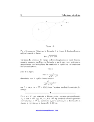 2                                                     Soluciones ejercicios


                                  vt                   α
                                                              v
                                                α



                       R




                                  Figura 1.1:

Por el teorema de Pitágoras, la distancia D al centro de la circunferencia
original crece de la forma
                                 √
                            D = R2 + v 2 t2
ver ﬁgura. La velocidad del cuerpo podemos imaginarnos se puede descom-
poner en una parte paralela a esa distancia, la que la hace crecer y otra parte
perpendicular que no la afecta. De modo que la rapidez de crecimiento de
esa distancia D será
                                   v cos α
pero de la ﬁgura
                                        vt
                            cos α = √
                                      R2 + v 2 t2
obteniendo para la rapidez de crecimiento
                                   v2 t
                               √             m s−1
                                R 2 + v 2 t2

                      2πR
con R = 100 m y v =    1
                            = 628. 319 m s−1 se tiene una función conocida del
tiempo.
                                       N

Ejercicio 1.3 Las masas de la Tierra y de la Luna son aproximadamente
MT = 5,98 × 1024 kg y ML = 7,36 × 1022 kg siendo la distancia promedio
entre ellos 3,84 × 108 m. Determine la fuerza ejercida por la Tierra sobre la
Luna y la ejercida por la Luna sobre la Tierra.


                    www.cienciamatematica.com
 