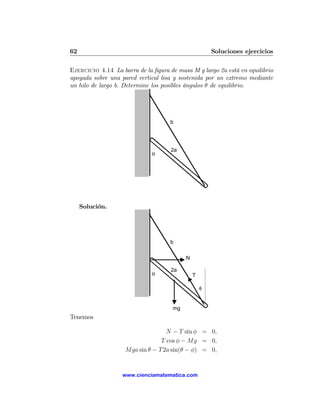 62                                                    Soluciones ejercicios

Ejercicio 4.14 La barra de la ﬁgura de masa M y largo 2a está en equilibrio
apoyada sobre una pared vertical lisa y sostenida por un extremo mediante
un hilo de largo b. Determine los posibles ángulos θ de equilibrio.




                                     b




                                     2a
                              θ




     Solución.




                                     b

                                          N

                                     2a
                              θ               T

                                                  φ


                                     mg
Tenemos

                                   N − T sin φ = 0,
                                 T cos φ − Mg = 0,
                    Mga sin θ − T 2a sin(θ − φ) = 0,


                   www.cienciamatematica.com
 