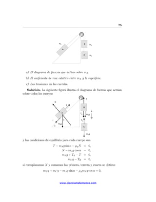 75




                                 mA                        B       mB

                                       A
                                                  g
                                                           C       mC

                              53º




  a) El diagrama de fuerzas que actúan sobre mA .
  b) El coeﬁciente de roce estático entre mA y la superﬁcie.
  c) Las tensiones en las cuerdas.
   Solución. La siguiente ﬁgura ilustra el diagrama de fuerzas que actúan
sobre todos los cuerpos
                                                               T
                          N
                                              T
                                                           B
                                                                        g
                                      A               TB       m Bg
                                                  g

                      f                   α           TB

                              53º Ag
                                m
                          α
                                                           C


                                                               m Cg


y las condiciones de equilibrio para cada cuerpo son
                       T − mA g sin α − μS N               =       0,
                            N − mA g cos α                 =       0,
                            mB g + TB − T                  =       0,
                                  mC g − TB                =       0,
si reemplazamos N y sumamos las primera, tercera y cuarta se obtiene
               mB g + mC g − mA g sin α − μS mA g cos α = 0,


                                 www.cienciamatematica.com
 