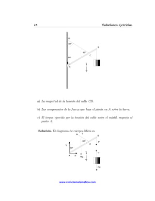 78                                                             Soluciones ejercicios



                             D

                             60º
                                                          B

                                            60º
                                                      C
                             60º


                                                  g
                             A




 a) La magnitud de la tensión del cable CD.

 b) Las componentes de la fuerza que hace el pivote en A sobre la barra.

 c) El torque ejercido por la tensión del cable sobre el mástil, respecto al
    punto A.


     Solución. El diagrama de cuerpos libres es
                                           T
                                                          B

                                            60º           T'
                                                      C
                         V
                                 60º

                                                  g       T'
                             A         H
                                           Mg




                                                          mg




                    www.cienciamatematica.com
 
