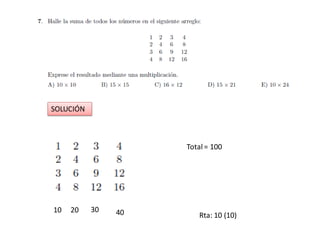 SOLUCIÓN
10 20 30 40
Total= 100
Rta: 10 (10)
 