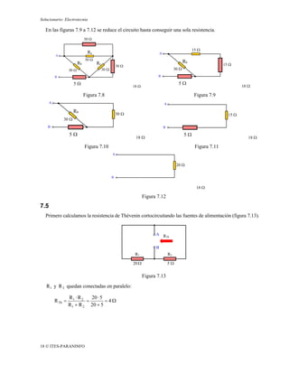 Solucionario: Electrotecnia

   En las figuras 7.9 a 7.12 se reduce el circuito hasta conseguir una sola resistencia.
                               30 Ω

                                                                                                       15 Ω
                                Ra                                            A
          A
                               30 Ω
                          Rb          Rc                                                          Rb
                                                      30 Ω                                                            15 Ω
                   30 Ω                    30 Ω                                            30 Ω
          B                                                                B

                     5Ω                                                                      5Ω
                                                             18 Ω                                                              18 Ω

                               Figura 7.8                                                               Figura 7.9
      A                                                                           A

                     Rb                               30 Ω                                                              15 Ω
              30 Ω
    B                                                                             B

                   5Ω                                                                             5Ω
                                                              18 Ω                                                                18 Ω

                               Figura 7.10                                                              Figura 7.11
                                                  A


                                                                                            20 Ω

                                                  B


                                                                                                         18 Ω

                                                                    Figura 7.12
7.5
   Primero calculamos la resistencia de Thèvenin cortocircuitando las fuentes de alimentación (figura 7.13).


                                                                          A R
                                                                              Th


                                                                          B
                                                              R1                      R2

                                                             20 Ω                     5Ω

                                                                    Figura 7.13
   R 1 y R 2 quedan conectadas en paralelo:

                   R1 · R 2   20 · 5
          R Th =            =        =4Ω
                   R 1 + R 2 20 + 5




18 © ITES-PARANINFO
 