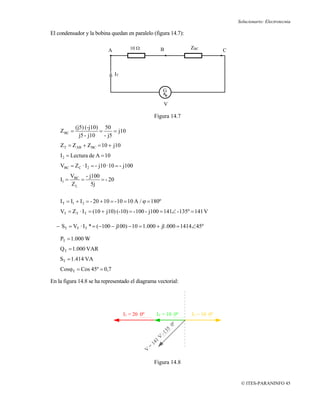 Solucionario: Electrotecnia

El condensador y la bobina quedan en paralelo (figura 14.7):

                            A           10 Ω          B          ZBC          C



                                IT


                                                          G

                                                          V

                                                   Figura 14.7
             (j5) (-j10) 50
    Z BC =              =      = j10
               j5 - j10   - j5
    Z T = Z AB + Z BC = 10 + j10
    I 2 = Lectura de A = 10
    VBC = ZC · I 2 = - j10 · 10 = - j100
           VBC - j100
    I1 =      =       = - 20
           ZL     5j


    I T = I1 + I 2 = - 20 + 10 = - 10 = 10 A / ϕ = 180º
    VT = ZT · I T = (10 + j10) (-10) = - 100 - j100 = 141∠ - 135º = 141 V

  − ST = VT · I T * = (−100 − j100) − 10 = 1.000 + j1.000 = 1414∠45º

    PT = 1.000 W
    Q T = 1.000 VAR
    ST = 1.414 VA
    CosϕT = Cos 45º = 0,7

En la figura 14.8 se ha representado el diagrama vectorial:




                                     I1 = 20 0º     IT = 10 0º   I2 = 10 0º




                                                   Figura 14.8


                                                                                   © ITES-PARANINFO 45
 