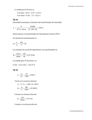 Solucionario: Electrotecnia

  La medida para 65 divisores es:
       • sin shunt = 65 div · 0,125 = 8,125 A
       • con shunt = 65 div · 2,5 = 162,5 A

16.14
Intensidad nominal por el primario del transformador de intensidad:

               P           70.000
IL =                  =                   = 230 A
        3 VC Cos ϕ        3 · 220 · 0,8

Seleccionamos un transformador de intensidad de relación 250/5.

Su relación de transformación es:

       I1 250
m=        =   = 50
       I2   5

La constante de escala del amperímetro con transformador es:

       250 A 250
K=           =   = 6,25 A/div
       40 div 40

La medida para 35 divisiones, es:

35 div · 6,25 A/div = 218,75 A

16.15
               VV    20
        IV =      =      = 0,004 A
               R V 5.000

  Tensión en la resistencia adicional:
        VS = V - VV = 1.000 - 20 = 980 V
               VS   980
        RS =      =      = 245.000 Ω
               I V 0,004

  Constante sin resistencia adicional:
              20 V
        K=           = 0,2 V/div
             100 div

  Constante con resistencia adicional:



                                                                       © ITES-PARANINFO 61
 