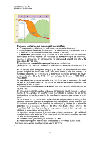 GEOGRAFÍA DE ESPAÑA
ISABEL Mº MÁRMOL PÉREZ
Comenzar explicando qué es un modelo demográfico.
A) El modelo demográfico antiguo en España corresponde al número1.
En este periodo la natalidad era alta debido al predominio de una sociedad rural y
a la inexistencia de sistemas eficaces de control de la natalidad.
La mortalidad general era alta y oscilante por el bajo nivel de vida las precarias
condiciones médicas. Además, en ocasiones era catastrófica por las epidemias,
guerras y hambrunas. En consecuencia la mortalidad infantil era alta y la
esperanza de vida baja.
El resultado era un crecimiento natural bajo y con oscilaciones.
B) El modelo de transición demográfica en España corresponde a los números 2 y
3.
Es el periodo entre el régimen antiguo y el actual. En comparación con otros
países europeos se inició más tarde, pero duró menos y fue más intensa. La
natalidad descendió de forma suave y discontinua alternando periodos de mayor
crecimiento (años 20 y de 1956-1965) con periodos de descenso( 1930-1956 y
1965-1975)
La mortalidad descendió de forma brusca y continua por el incremento del nivel
de vida y los avances médicos y sanitarios. La mortalidad infantil descendió y la
esperanza de vida aumentó.
En consecuencia el crecimiento natural de esta etapa fue alto especialmente de
1920 a 1965.
C) El modelo demográfico actual en España corresponde con el número 4. La fase
número 5 no se produjo en España ya que fue mitigada a finales de los 90 por la
inmigración y porque la generación del baby boom muy numerosa empezó a tener
hijos.
Se caracteriza por un hundimiento de la natalidad aunque podemos distinguir dos
periodos separados por 1998. En el primero hay un descenso brusco motivado por
la situación económica y por cambios de mentalidad y valores en la sociedad
española. En la segunda partiendo de cifras muy bajas (índice sintético de
fecundidad 1,2 hijos) hay una ligera recuperación debido a la inmigración, no
obstante la recuperación será transitoria.
La mortalidad se mantiene en cifras bajas, con un ligero ascenso en 1982 debido al
envejecimiento de la población. En consecuencia el crecimiento natural es bajo con
un leve ascenso a partir de 1998.
D) El modelo demográfico antiguo es anterior a 1900.
El modelo demográfico de transición corresponde al periodo de 1900 a 1975.
El modelo demográfico actual comienza a partir de 1975.
.
6
 