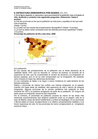 GEOGRAFÍA DE ESPAÑA
ISABEL Mº MÁRMOL PÉREZ
6- ESTRUCTURA DEMOGRÁFICA POR EDADES (301-302)
2. En la figura siguiente se representa e peso porcentual de la población vieja en España en
2006. Analícelo y conteste a las siguientes preguntas: (Valoración: hasta 4
puntos)
a) Cite las provincias en las que la población es más joven y aquéllas en las que está
más envejecida.
(Hasta 1 punto).
b) ¿Cuáles son las causas del envejecimiento demográfico? (Hasta 1,5 puntos).
c) ¿A qué se deben estos contrastes entre las distintas provincias españolas? (Hasta
1,5 puntos).
Porcentaje de población de 65 y más años. 2006
A) Localización.
B) Las causas del envejecimiento de la población son el fuerte descenso de la
natalidad desde 1975, que ha reducido el número de jóvenes; el aumento de la
esperanza de vida, que ha incrementado el número de ancianos y la emigración en
épocas pasadas, que no se ha visto compensada con la inmigración. No obstante,
como muestra el mapa hay diferencias territoriales.
C) Los contrastes se deben a la mayor o menor incidencia en cada territorio de los
factores anteriores.
Galicia y provincias de interior han sufrido una intensa emigración en el pasado,
cuentan con bajas tasas de natalidad, alta esperanza de vida y retorno de antiguos
emigrantes. Algunas provincias de la cornisa cantábrica han padecido la crisis
industrial de 1975 y la posterior emigración de parte de su población. En ninguno de
estos casos la inmigración actual ha sido importante.
Por el contrario, el porcentaje de población anciana es menor en las áreas más
dinámicas económicamente que atrajeron población joven en el pasado, este es el
caso de Madrid, áreas del litoral mediterráneo y ambos archipiélagos. El sur peninsular
y Murcia deben el menor envejecimiento a su relativo comportamiento natalista y a la
menor esperanza de vida. En las provincias de menor envejecimiento la inmigración
actual es mayor.
7
 