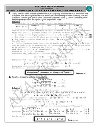 UMSA – FACULTAD DE INGENIERIA
CURSO PREFACULTATIVO
DESARROLLADO POR: UNIv. AIZA VERAMENDI CARLOS RENE
𝑪𝒐𝒎𝒑𝒓𝒂𝒎𝒐𝒔 𝟗 𝒄𝒖𝒂𝒅𝒆𝒓𝒏𝒐𝒔 𝒑𝒐𝒓 𝒆𝒍 𝒑𝒓𝒆𝒄𝒊𝒐 𝒅𝒆 𝟐 𝒍𝒂𝒑𝒊𝒄𝒆𝒔
𝒙 = 𝟒 ; 𝒚 = 𝟑 ; 𝒛 = 𝟐
4. Juan y su novia van a un bazar y observan que un bolígrafo y un lápiz cuestan lo mismo que seis
cuadernos, que dos bolígrafos cuestan lo mismo que un cuaderno y un folder plástico y, que dos
cuadernos cuestan igual que un folder. La novia le pregunta a Juan ¿Cuántos cuadernos puedo
comprar por el precio de dos lápices? ¿Qué respondería usted?
Solución:
Realicemos una tabla de las incógnitas para una mejor comprensión:
Precio de un:
Bolígrafo Lápiz Cuaderno Folder
𝑥 𝑦 𝑧 𝑤
Como se ve en la tabla, asignamos variables al precio de los artículos del bazar.
Ahora escribamos las palabras usadas en el problema en forma de ecuación:
 Un bolígrafo y un lápiz cuestan lo mismo que seis cuadernos: 𝒙 + 𝒚 = 𝟔𝒛 … … … (𝟏)
 Dos bolígrafos cuestan lo mismo que un cuaderno y un folder: 𝟐𝒙 = 𝒛 + 𝒘 … … … (𝟐)
 Dos cuadernos cuestan igual que un folder: 𝟐𝒛 = 𝒘 … … … (𝟑)
Nos pide hallar:
 ¿Cuantos cuadernos puedo comprar por el precio de dos lápices?: 𝒂 ∙ 𝒛 = 𝟐𝒚 … … … (𝟒)
Como se puede ver en la ecuación (4) solo necesitamos hallar “ 𝑎” ya que ese valor
es la respuesta a la pregunta del problema.
Para hallar el valor de “ 𝑎” necesitamos llevar a las ecuaciones (1), (2) y (3) en
función de “ 𝑧” y “ 𝑦”, entonces:
Eliminamos “ 𝑤”, remplazando la ecuación (3) en la ecuación (2):
2𝑥 = 𝑧 + 2𝑧 ⟹ 𝒙 =
𝟑
𝟐
𝒛 … … … (𝟓)
Eliminamos “ 𝑥”, remplazando la ecuación (5) en la ecuación (1):
3
2
𝑧 + 𝑦 = 6𝑧 ∙ 2 ⟹ 3𝑧 + 2𝑦 = 12𝑧 ⟹ 𝟐𝒚 = 𝟗𝒛 … … … (𝟔)
Comparando las ecuaciones (6) y (4) hallamos que: 𝒂 = 𝟗
Por lo tanto respondemos que:
Respuesta.
5. Resolver el siguiente sistema de ecuaciones.
{
𝒙 + √𝒙 + 𝟐𝒚 + 𝟑𝒛 = 𝟖 … … … (𝟏)
𝟐𝒚 + 𝟑√𝒙 + 𝟐𝒚 + 𝟑𝒛 = 𝟏𝟖 … … … (𝟐)
𝟑𝒛 + 𝟓√𝒙 + 𝟐𝒚 + 𝟑𝒛 = 𝟐𝟔 … … … (𝟑)
Solución:
Sumando las ecuaciones (1), (2) y (3), obtenemos:
(𝑥 + √ 𝑥 + 2𝑦 + 3𝑧) + (2𝑦 + 3√ 𝑥 + 2𝑦 + 3𝑧) + (3𝑧 + 5√ 𝑥 + 2𝑦 + 3𝑧) = 8 + 18 + 26
𝒙 + 𝟐𝒚 + 𝟑𝒛 + 𝟗√ 𝒙 + 𝟐𝒚 + 𝟑𝒛 = 𝟓𝟐 … … … (4)
Sea el siguiente cambio de variable: √ 𝑥 + 2𝑦 + 3𝑧 = 𝑎 ⟹ 𝑥 + 2𝑦 + 3𝑧 = 𝑎2
Entonces la ecuación (4) tiene la forma:
𝑎2
+ 9𝑎 − 52 = 0 ⟹ (𝑎 + 13)(𝑎 − 4) = 0
𝑎 = −13 ∨ 𝒂 = 𝟒
Descartamos la solución “ 𝑎 = −13” por el siguiente concepto: #𝑝𝑜𝑠𝑖𝑡𝑖𝑣𝑜
𝑝𝑎𝑟
= +
Entonces: {
𝑥 + √ 𝑥 + 2𝑦 + 3𝑧 = 8
2𝑦 + 3√ 𝑥 + 2𝑦 + 3𝑧 = 18
3𝑧 + 5√ 𝑥 + 2𝑦 + 3𝑧 = 26
⟹ {
𝑥 + 𝑎 = 8
2𝑦 + 3𝑎 = 18
3𝑧 + 5𝑎 = 26
⟹ {
𝑥 + 4 = 8
2𝑦 + 12 = 18
3𝑧 + 20 = 26
⟹ {
𝒙 = 𝟒
𝒚 = 𝟑
𝒛 = 𝟐
Por lo tanto:
Respuesta.
 