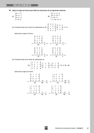Sistemas de ecuaciones lineales | Unidad 9 67
55. Aplica la regla de Cramer para hallar las soluciones de los siguientes sistemas.
a)
2 0
2 1
2 2
2 0
x t
x y
y z
x t
+ =
 + =

+ =
 + =
b)
2 0
2 2 1
2 0
2 4 0
x y z
y z t
x z
x y t
+ − =
 + − =

+ =
− + + =
a) El determinante de la matriz de coeficientes es
2 0 0 1
2 0 1
2 1 0 0
2 1 0 3 0
0 2 1 0
1 0 2
1 0 0 2
A= = = ≠ .
Aplicando la regla de Cramer:
0 0 0 1
1 1 0 0
2 2 1 0
0 0 0 2 0
0
3
x
A
= = =
2 0 0 1
2 1 0 0
0 2 1 0
1 0 0 2 3
1
3
y
A
= = =
2 0 0 1
2 1 1 0
0 2 2 0
1 0 0 2 0
0
3
z
A
= = =
2 0 0 0
2 1 0 1
0 2 1 2
1 0 0 0 0
0
3
t
A
= = =
b) El determinante de la matriz de coeficientes es:
2 1 1 0
1 1 0 2 1 0
0 2 1 2
2 1 2 2 0 2 2 16 2 26 68
1 0 2 0
2 0 4 1 2 4
1 2 0 4
A
−
−
−
= = − + − = + ⋅ =
−
−
Aplicando la regla de Cramer:
0 1 1 0
1 2 1 2
0 0 2 0
0 2 0 4 8 2
68 17
x
A
−
−
−
= = = −
1 0 1 0
0 1 1 1
1 0 0 1
1 0 1 1 20 5
68 17
y
A
−
−
−
= = =
1 1 0 0
0 1 1 1
1 1 0 1
1 0 0 1 4 1
68 17
z
A
−
− −
−
= = =
1 1 1 0
0 1 1 1
1 1 0 0
1 0 1 0 12 3
68 17
t
A
−
−
−
− −
= = = −
 