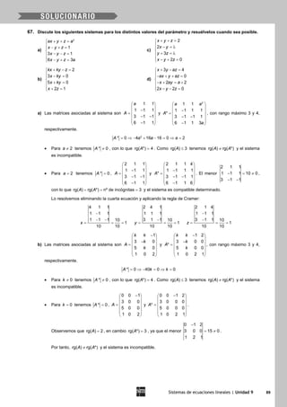 Sistemas de ecuaciones lineales | Unidad 9 89
67. Discute los siguientes sistemas para los distintos valores del parámetro y resuélvelos cuando sea posible.
a)
2
1
3 1
6 3
ax y z a
x y z
x y z
x y z a
+ + =
 − + =

− − =
 − + =
c)
2
2
3
2 0
x y z
x y
y z
x y z
+ + =
 − =λ

+ =λ
 − + =
b)
2
3 0
5 0
2 1
kx ky z
x ky
x ky
x z
+ − =
 − =

+ =
 + =
d)
3 4
0
2 2
2 2 0
x y az
ax y az
x ay a
x y z
+ − =
− + + =

− + = +
 − − =
a) Las matrices asociadas al sistema son
1 1
1 1 1
3 1 1
6 1 1
a
A
 
 − =
 − −
 
− 
y
2
1 1
1 1 1 1
*
3 1 1 1
6 1 1 3
a a
A
a
 
 
− =
 − −
 
− 
, con rango máximo 3 y 4,
respectivamente.
2
* 0 4 16 16 0 2A a a a= ⇒ − + − = ⇒ =
• Para 2a ≠ tenemos * 0A ≠ , con lo que rg( *) 4A = . Como rg( ) 3A ≤ tenemos rg( ) rg( *)A A≠ y el sistema
es incompatible.
• Para 2a = tenemos * 0A = ,
2 1 1
1 1 1
3 1 1
6 1 1
A
 
 − =
 − −
 
− 
y
2 1 1 4
1 1 1 1
*
3 1 1 1
6 1 1 6
A
 
 − =
 − −
 
− 
. El menor
2 1 1
1 1 1 10 0
3 1 1
− = ≠
− −
,
con lo que rg( ) rg( *) nº de incógnitas 3A A= = = y el sistema es compatible determinado.
Lo resolvemos eliminando la cuarta ecuación y aplicando la regla de Cramer:
4 1 1
1 1 1
1 1 1 10
1
10 10
x
−
− −
= = =
2 4 1
1 1 1
3 1 1 10
1
10 10
y
−
= = =
2 1 4
1 1 1
3 1 1 10
1
10 10
z
−
−
= = =
b) Las matrices asociadas al sistema son
1
3 0
5 0
1 0 2
k k
k
A
k
− 
 − =
 
 
 
y
1 2
3 0 0
*
5 0 0
1 0 2 1
k k
k
A
k
− 
 − =
 
 
 
, con rango máximo 3 y 4,
respectivamente.
* 0 40 0 0A k k= ⇒ − = ⇒ =
• Para 0k ≠ tenemos * 0A ≠ , con lo que rg( *) 4A = . Como rg( ) 3A ≤ tenemos rg( ) rg( *)A A≠ y el sistema
es incompatible.
• Para 0k = tenemos * 0A = ,
0 0 1
3 0 0
5 0 0
1 0 2
A
− 
 
 =
 
 
 
y
0 0 1 2
3 0 0 0
*
5 0 0 0
1 0 2 1
A
− 
 
 =
 
 
 
.
Observemos que rg( ) 2A = , en cambio rg( *) 3A = , ya que el menor
0 1 2
3 0 0 15 0
1 2 1
−
= ≠ .
Por tanto, rg( ) rg( *)A A≠ y el sistema es incompatible.
 