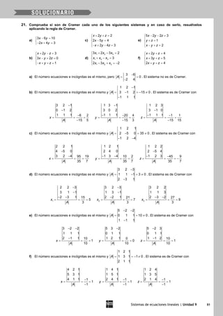 Sistemas de ecuaciones lineales | Unidad 9 51
21. Comprueba si son de Cramer cada uno de los siguientes sistemas y en caso de serlo, resuélvelos
aplicando la regla de Cramer.
a)
3 6 10
2 4 3
x y
x y
− =

− + =
c)
2 2
2 5 4
2 4 3
x y z
x y
x y z
+ + =

− =
− + − =
e)
5 2 2 3
1
2
x y z
y z
x y z
− − =

+ =
 − + =
b)
2 3
3 2 0
1
x y z
x y z
x y z
+ − =

− + =
− + + =
d)
1 2 3
1 2 3
1 2 3
3 2 3 2
3
2 3 2
x x x
x x x
x x x
+ − =

+ − =
 − + =−
f)
2 4
3 5
2 4
x y z
x y z
x y z
+ + =

+ + =
 + + =
a) El número ecuaciones e incógnitas es el mismo, pero
−
= =
−
3 6
0
2 4
A . El sistema no es de Cramer.
b) El número ecuaciones e incógnitas es el mismo y
1 2 1
3 1 2 15 0
1 1 1
A
−
= − =− ≠
−
. El sistema es de Cramer con
3 2 1
0 1 2
1 1 1 6 2
15 5
x
A
−
−
−
= = =
−
1 3 1
3 0 2
1 1 1 20 4
15 3
y
A
−
− −
= = =
−
1 2 3
3 1 0
1 1 1 1 1
15 15
z
A
−
− −
= = =
−
c) El número ecuaciones e incógnitas es el mismo y
1 2 1
2 5 0 35 0
1 2 4
A = − =≠
− −
. El sistema es de Cramer con
2 2 1
4 5 0
3 2 4 95 19
35 7
x
A
−
−
= = =
1 2 1
2 4 0
1 3 4 10 2
35 7
y
A
− −
= = =
1 2 2
2 5 4
1 2 3 45 9
35 7
z
A
−
− −
= = = −
d) El número ecuaciones e incógnitas es el mismo y
3 2 3
1 1 1 3 0
2 3 1
A
−
= − = ≠
−
. El sistema es de Cramer con
1
2 2 3
3 1 1
2 3 1 15
5
3
x
A
−
−
− −
= = = 2
3 2 3
1 3 1
2 2 1 21
7
3
x
A
−
−
−
= = = 3
3 2 2
1 1 3
2 3 2 27
9
3
x
A
− −
= = =
e) El número ecuaciones e incógnitas es el mismo y
5 2 2
0 1 1 10 0
1 1 1
A
− −
= = ≠
−
. El sistema es de Cramer con
3 2 2
1 1 1
2 1 1 10
1
10
x
A
− −
−
= = =
5 3 2
0 1 1
1 2 1 0
0
10
y
A
−
= = =
5 2 3
0 1 1
1 1 2 10
1
10
z
A
−
−
= = =
f) El número ecuaciones e incógnitas es el mismo y
1 2 1
1 3 1 1 0
2 1 1
A = =− ≠ . El sistema es de Cramer con
4 2 1
5 3 1
4 1 1 1
1
1
x
A
−
= = =
−
1 4 1
1 5 1
2 4 1 1
1
1
y
A
−
= = =
−
1 2 4
1 3 5
2 1 4 1
1
1
z
A
−
= = =
−
 