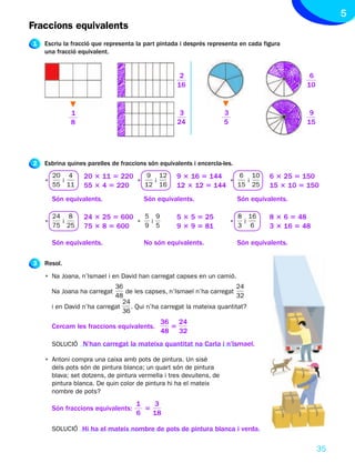 5
Fraccions equivalents
1   Escriu la fracció que representa la part pintada i després representa en cada figura
    una fracció equivalent.


                                                     2                                            6
                                                    16                                           10


              1                                      3               3                            9
              8                                     24               5                           15




2   Esbrina quines parelles de fraccions són equivalents i encercla-les.
        20 4       20 3 11 5 220   9 12             9 3 16 5 144    6 10               6 3 25 5 150
    •     i                      •   i                            •   i
        55 11      55 3 4 5 220    12 16            12 3 12 5 144   15 25              15 3 10 5 150
        Són equivalents.                Són equivalents.                     Són equivalents.

        24 8       24 3 25 5 600   5 9              5 3 5 5 25               8 16      8 3 6 5 48
    •     i                      •  i                                    •    i
        75 25      75 3 8 5 600    9 5              9 3 9 5 81               3 6       3 3 16 5 48

        Són equivalents.                No són equivalents.                  Són equivalents.

3   Resol.
    • Na Joana, n’Ismael i en David han carregat capses en un camió.
                              36                                         24
        Na Joana ha carregat      de les capses, n’Ismael n’ha carregat
                              48                                         32
                                 24
        i en David n’ha carregat    . Qui n’ha carregat la mateixa quantitat?
                                 36
                                              36 24
        Cercam les fraccions equivalents.       5
                                              48 32
        SOLUCIÓ N’han carregat la mateixa quantitat na Carla i n’Ismael.

    • Antoni compra una caixa amb pots de pintura. Un sisè
      dels pots són de pintura blanca; un quart són de pintura
      blava; set dotzens, de pintura vermella i tres devuitens, de
      pintura blanca. De quin color de pintura hi ha el mateix
      nombre de pots?
                                     1   3
        Són fraccions equivalents:     5
                                     6   18

        SOLUCIÓ Hi ha el mateix nombre de pots de pintura blanca i verda.


                                                                                                      35
 